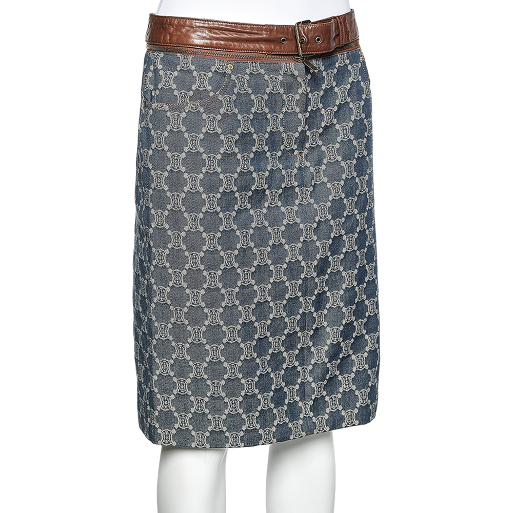 

Celine Indigo Macadam Denim Detachable Leather Belt Skirt, Blue