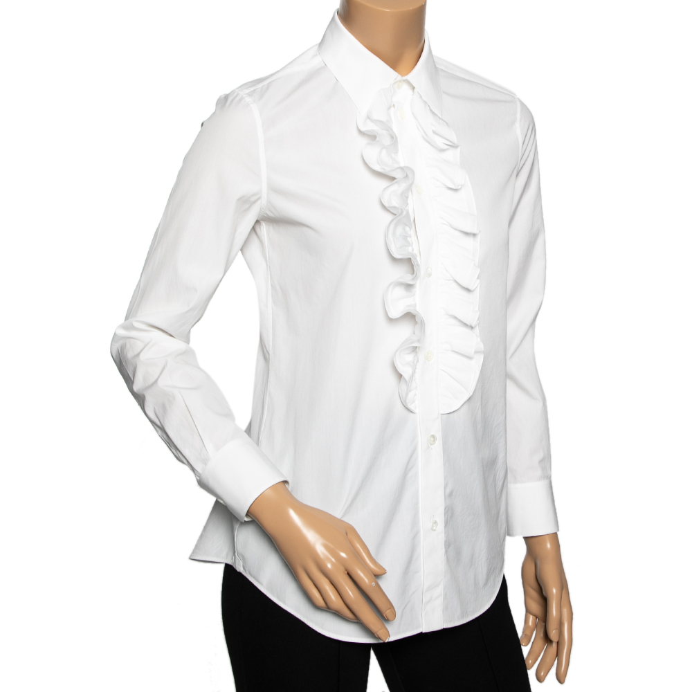 

Celine White Cotton Ruffle Detail Button Front Shirt