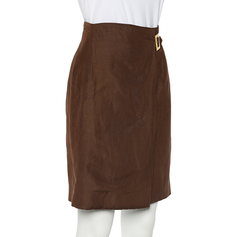 

Celine Vintage Brown Linen & Silk Faux Wrap Skirt