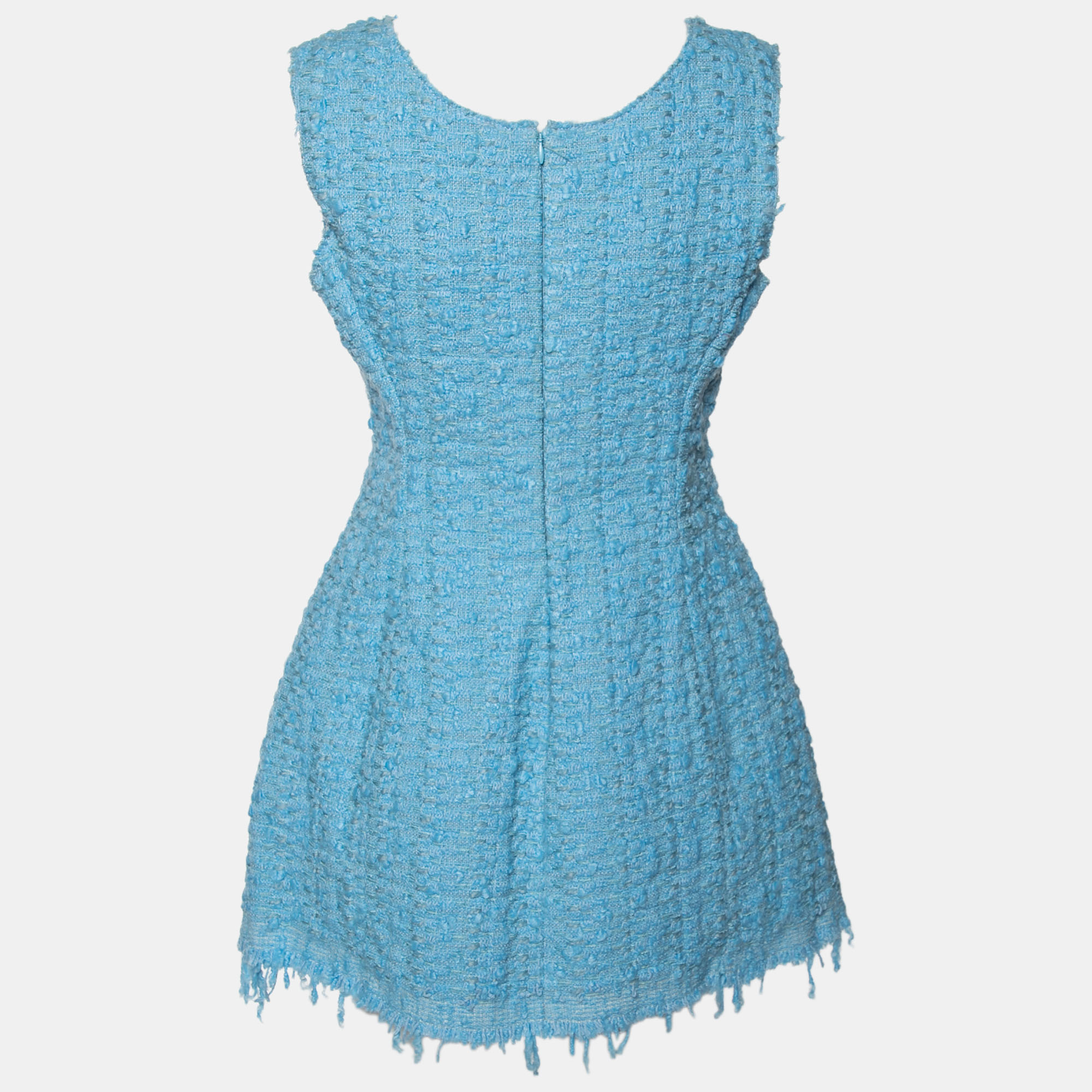 

Celine Blue Tweed Fringed Hem Sleeveless Mini Dress