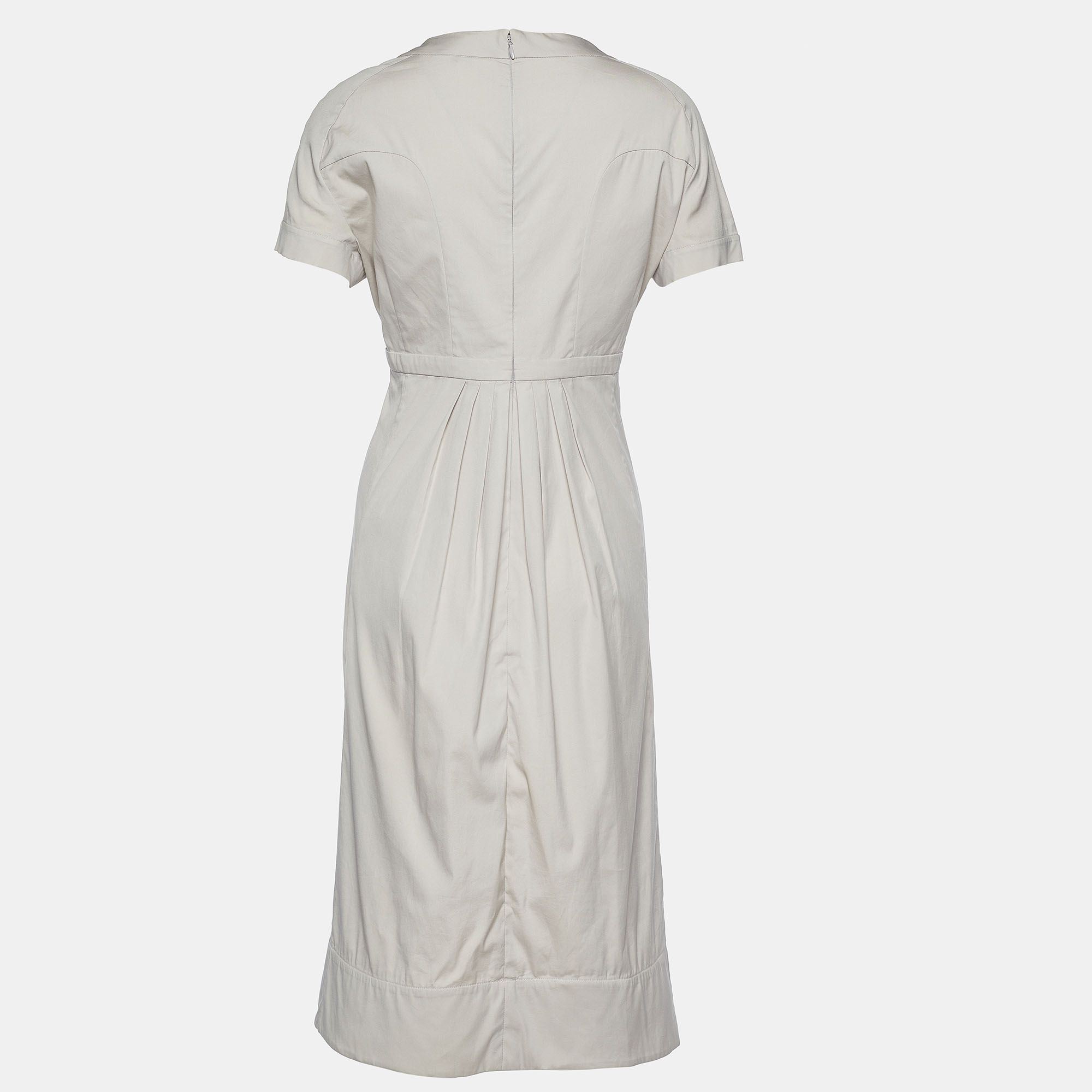 

Celine Light Beige Cotton Pleat Detailed Plunge Neck Dress