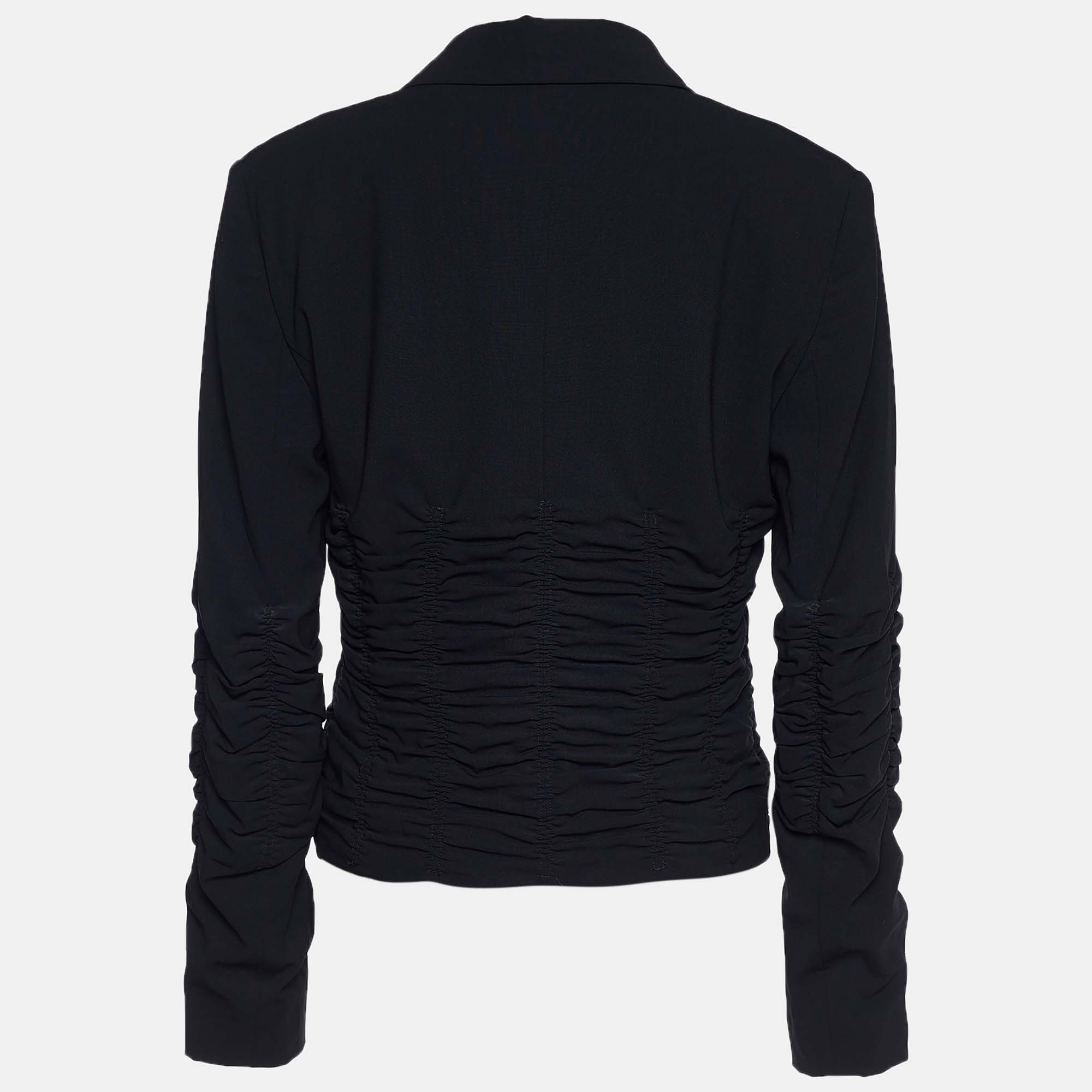 

Celine Black Crepe Wool Ruched Zip Front Jacket