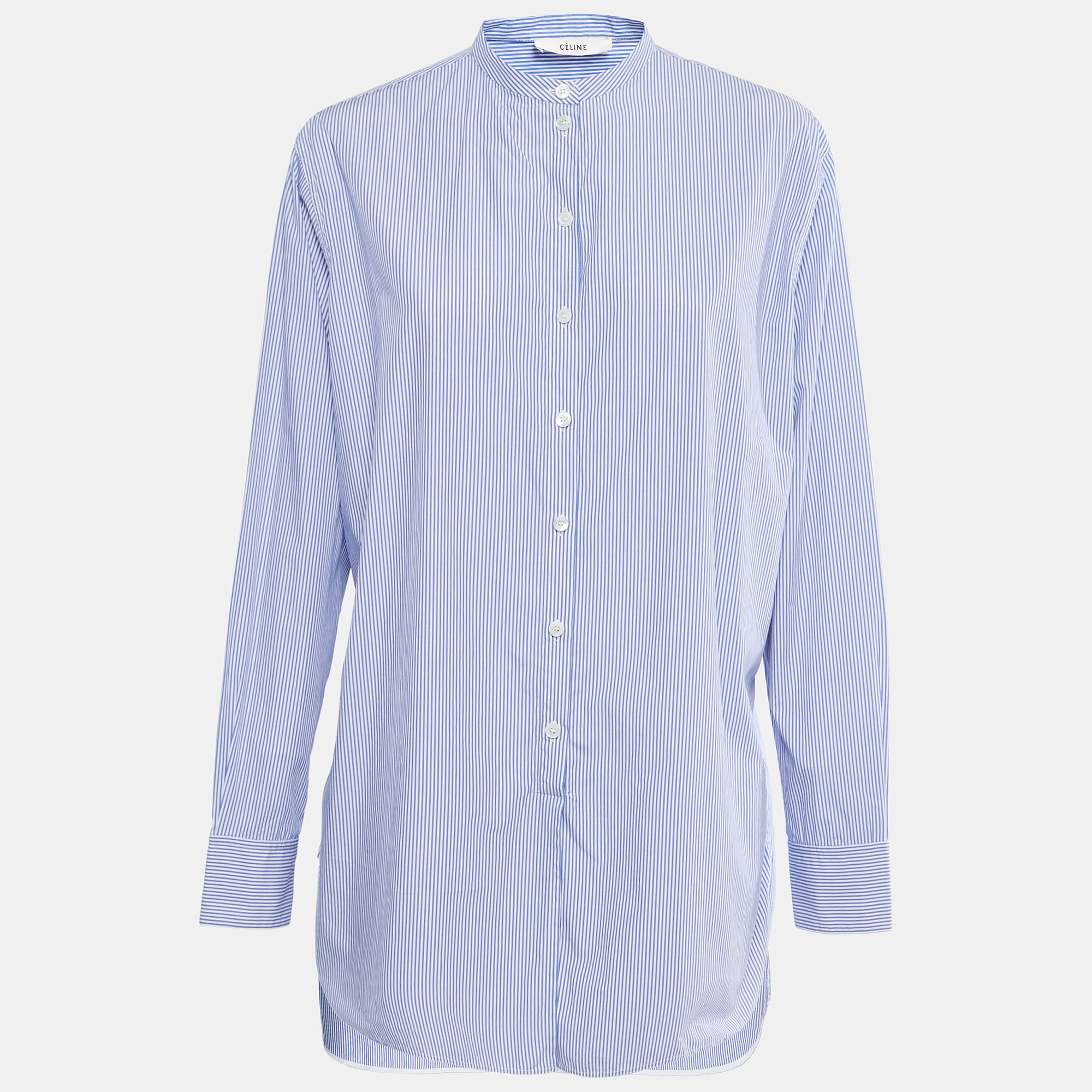 Pre Owned Celine Blue Striped Cotton Oversized Shirt M