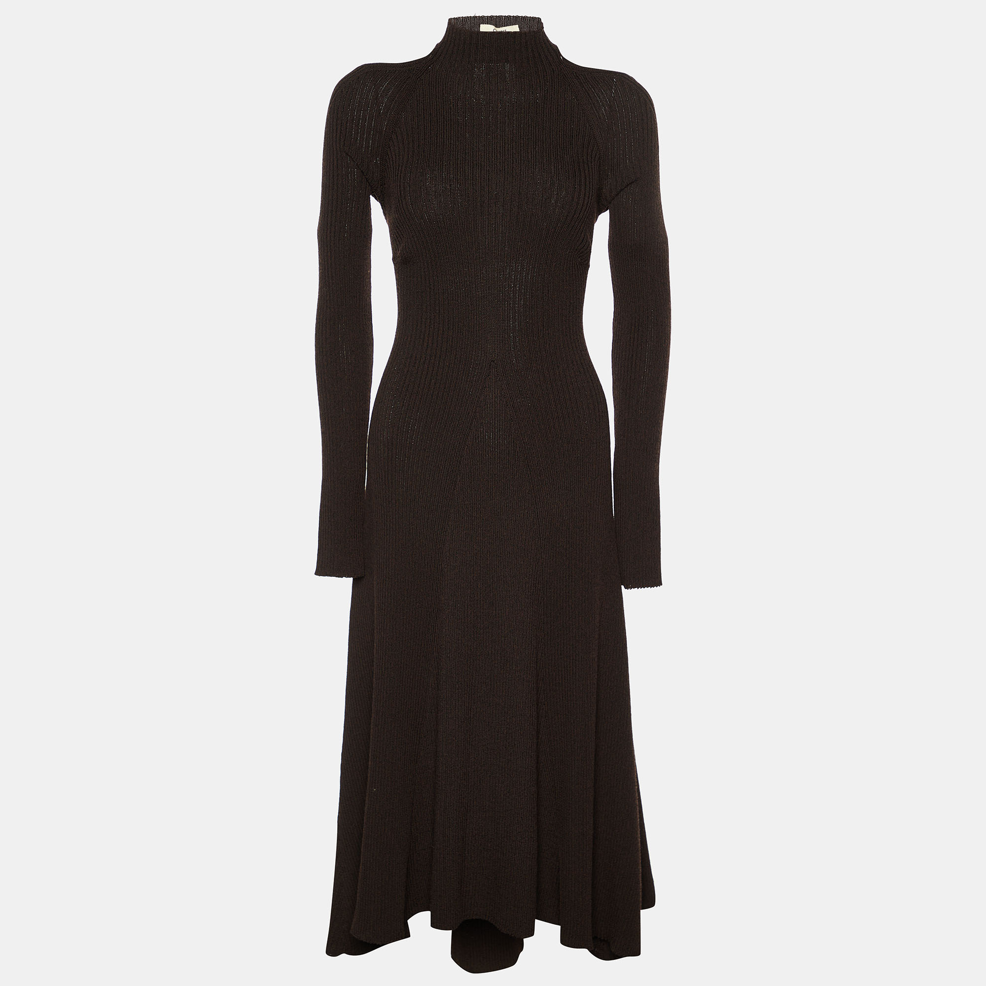 Pre Owned Celine Brown Wool Knit Open Back High Neck Midi Dress L