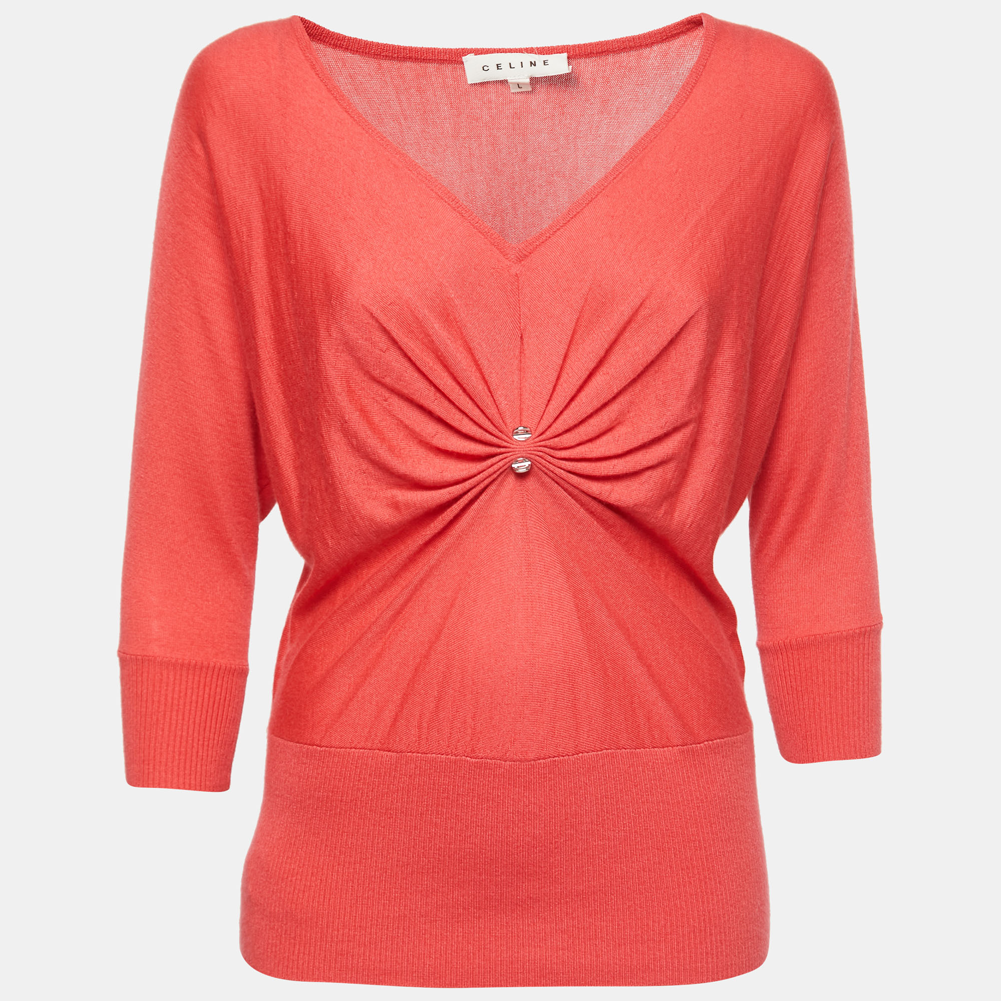 Pre-owned Celine Pink Cashmere And Silk Knit V-neck T-shirt L