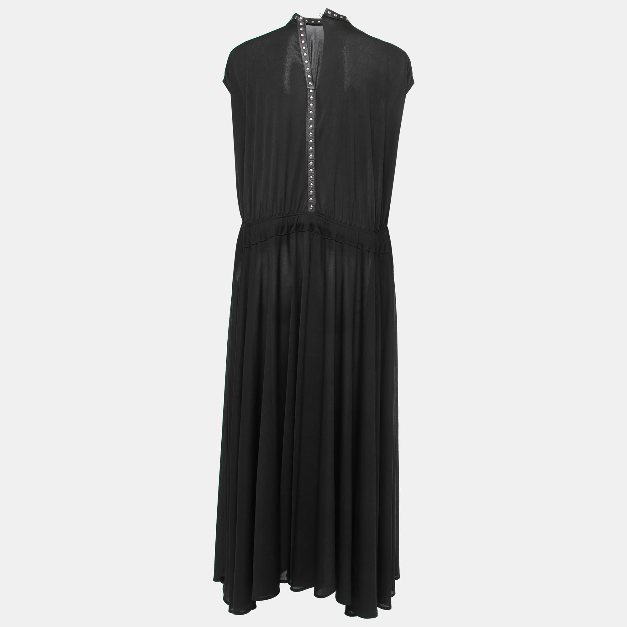 

Celine Black Jersey Studded Leather Trimmed Sleeveless Flared Maxi Dress