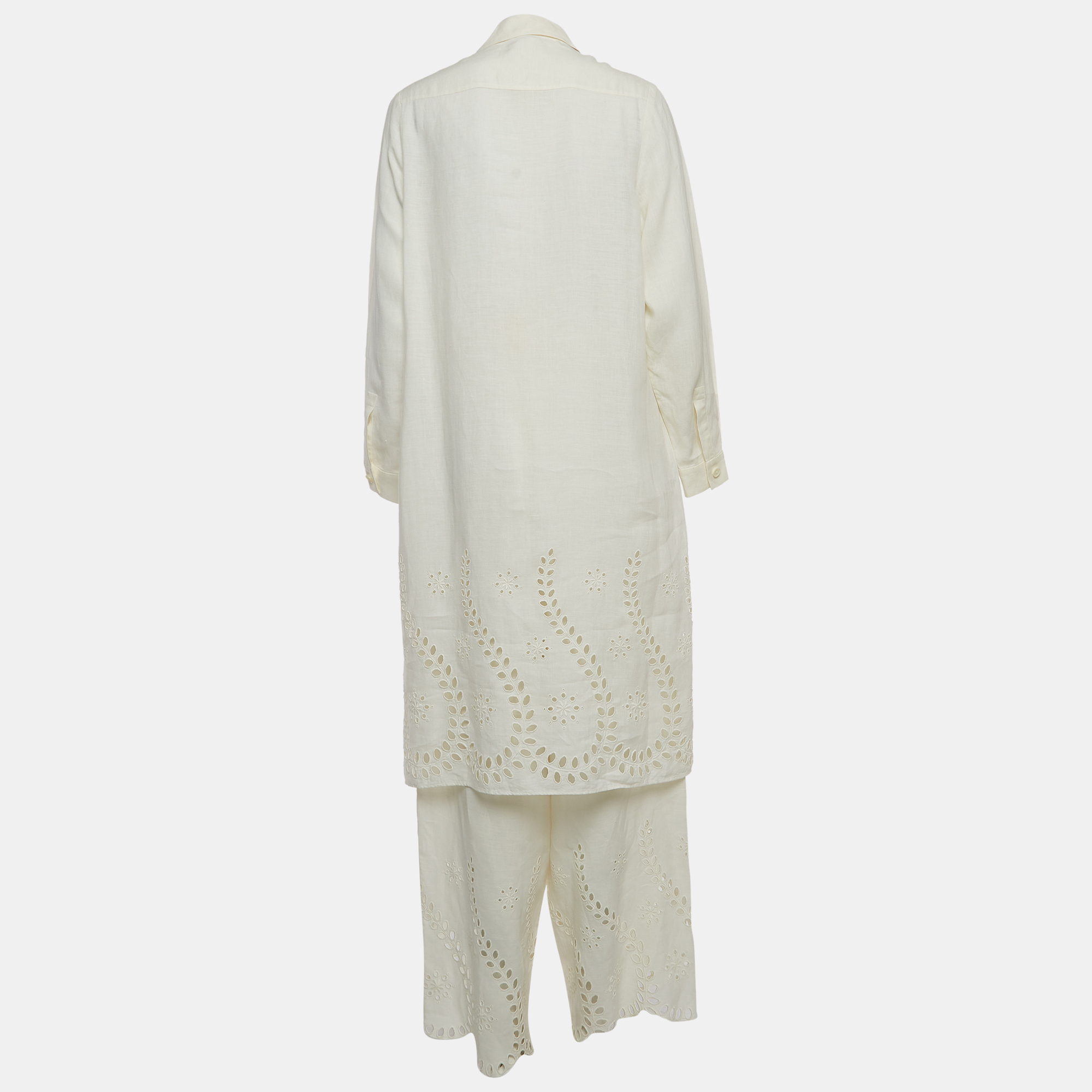 

Celine Off White Linen Eyelet Patterned Top & Pants Set