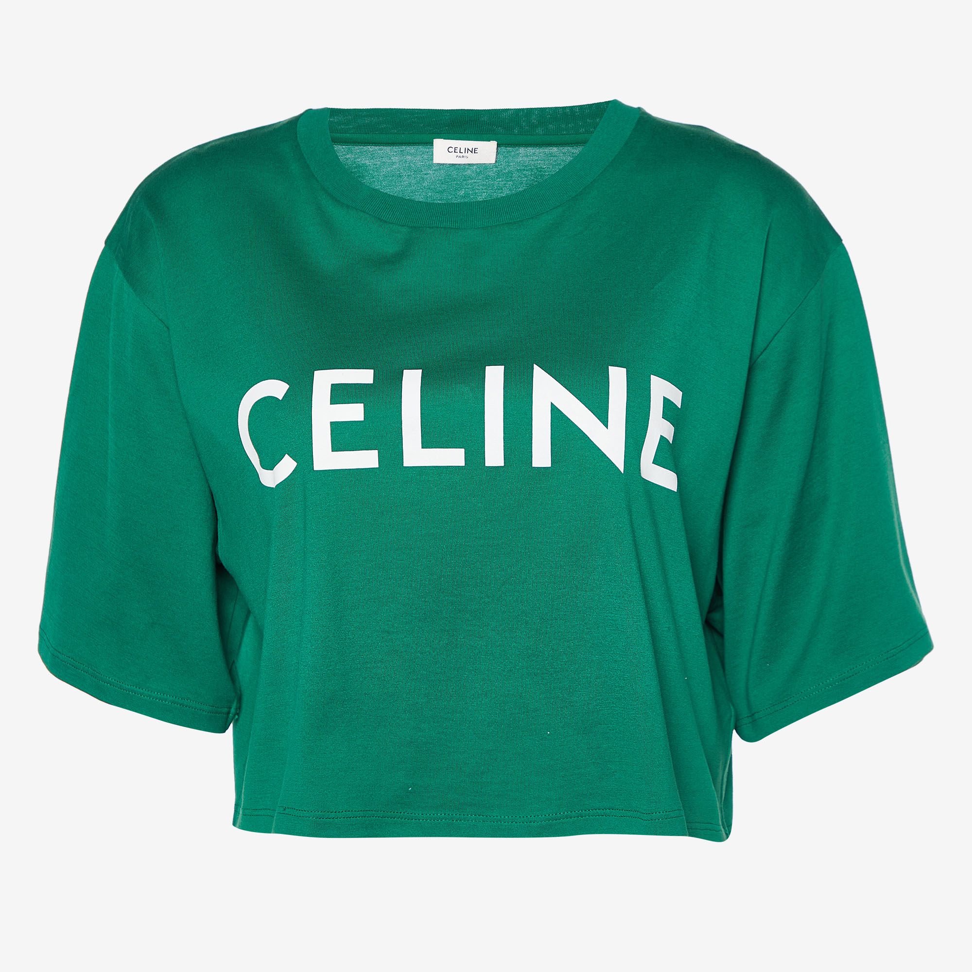 

Celine Green Logo Print Cotton Cropped T-Shirt