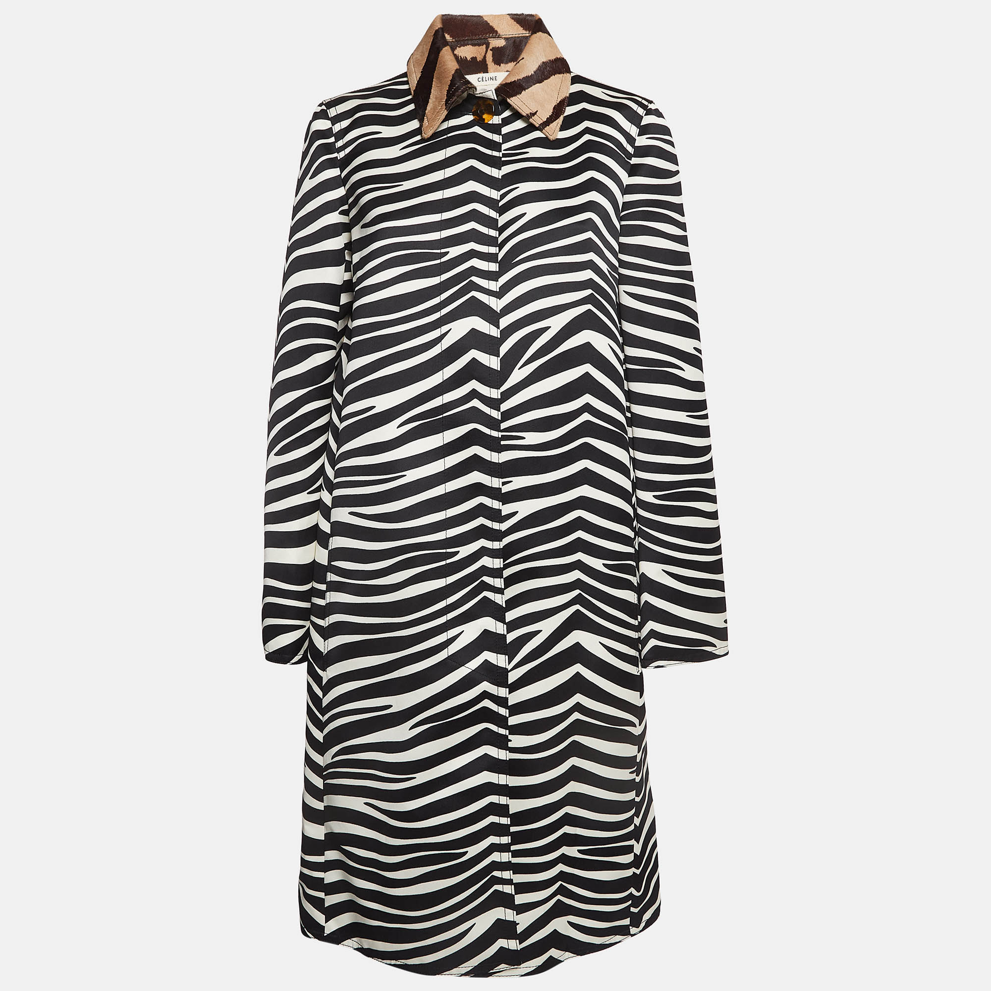 

Celine White & Black Zebra Print Twill Collar Detailed Coat M