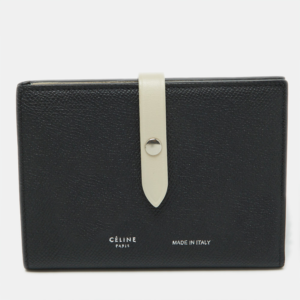 

Celine Black/Off White Grained Leather Multifunction Strap Wallet