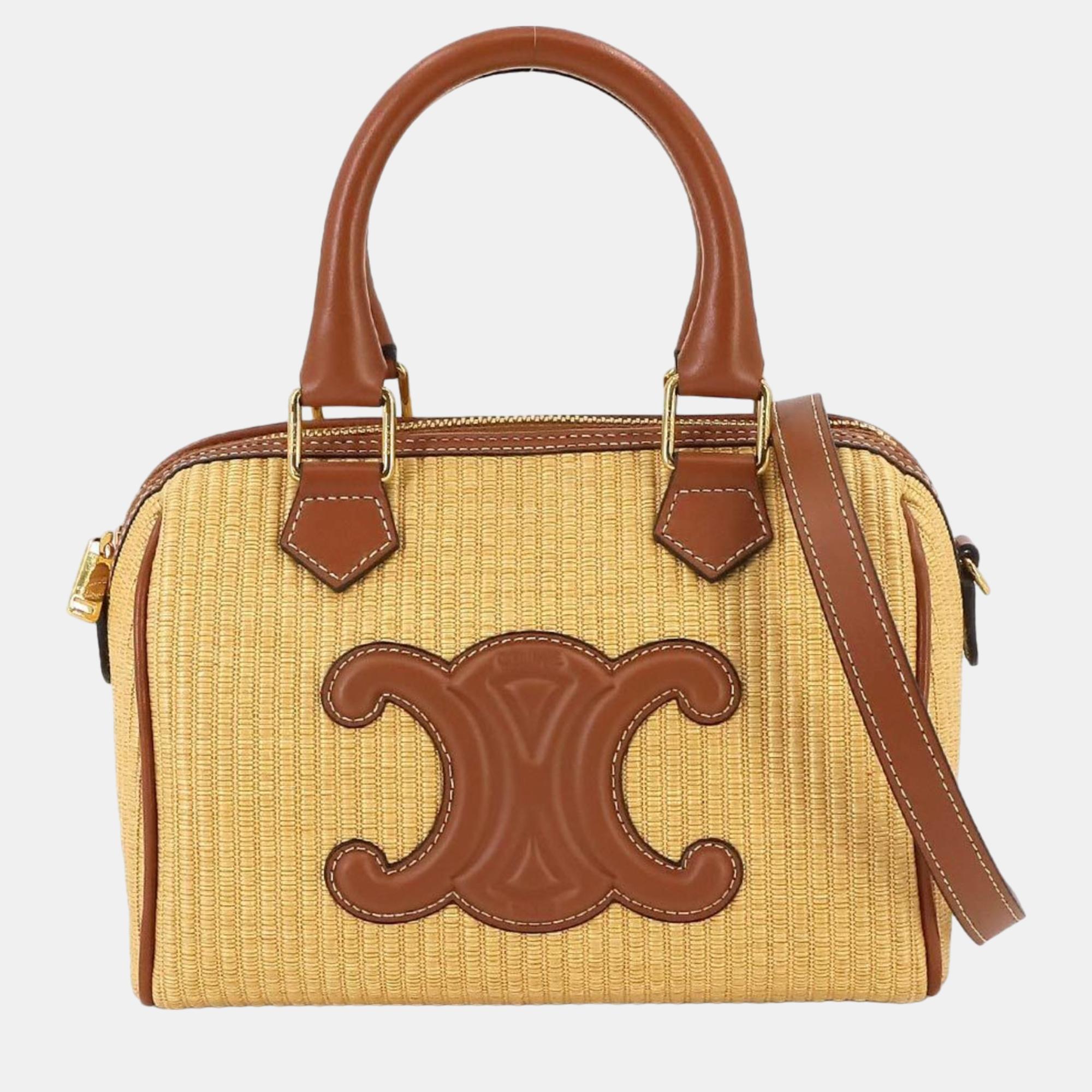 

Celine Beige/Brown Raffia with Leather Small Cuir Triomphe Boston Bag