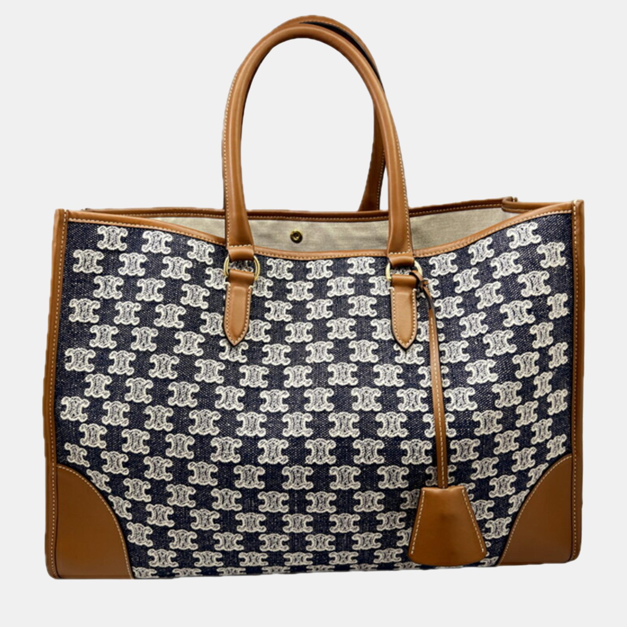 Pre-owned Celine Brown/navy Canvas And Leather Horizontal Triomphe Cabas Tote Bag