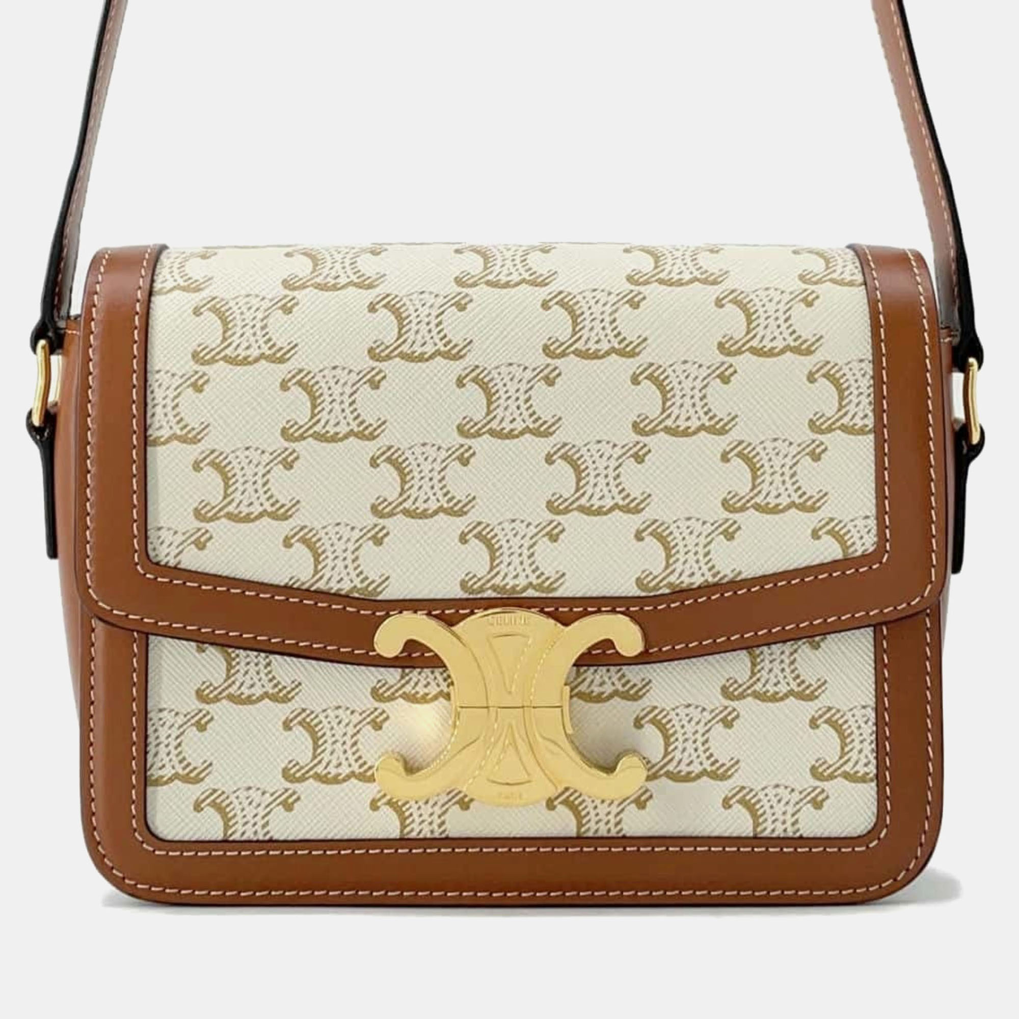 

Celine Brown/Beige Calfskin Triomphe Canvas Teen Triomphe Bag