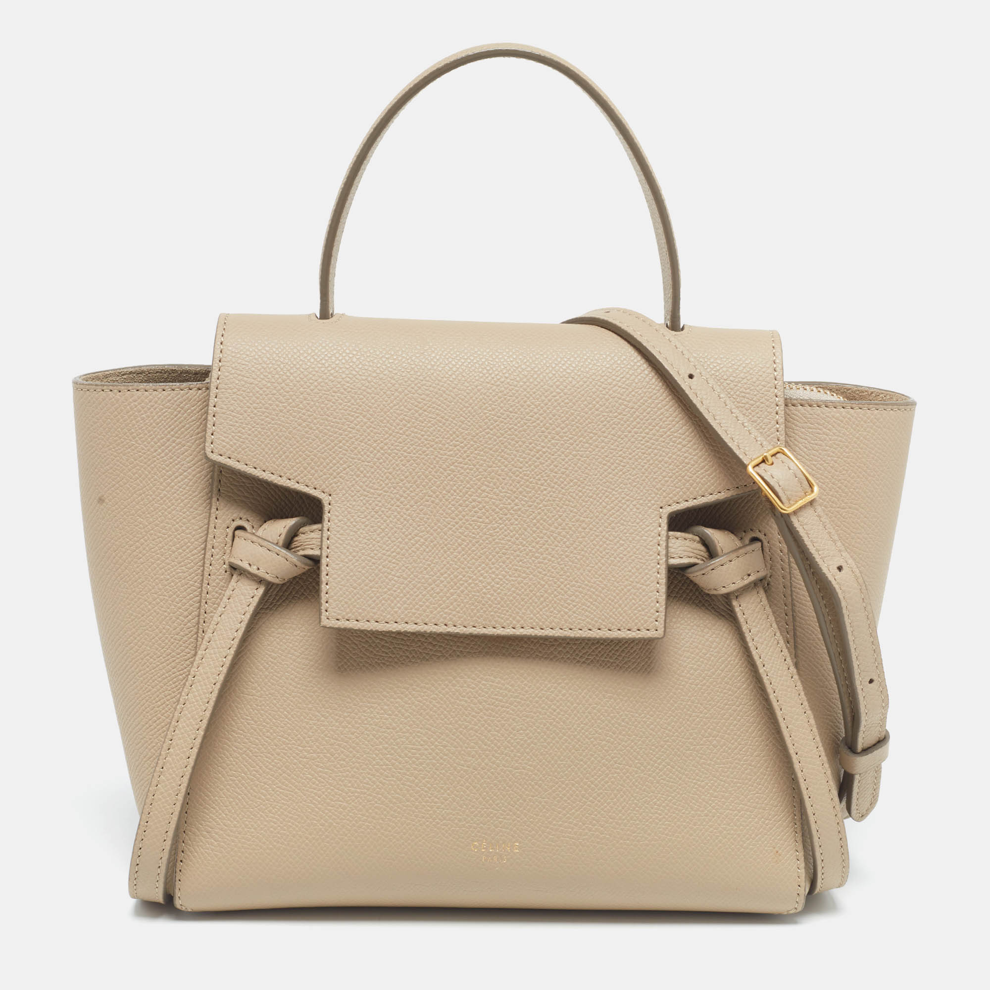 

Celine Light Beige Leather Nano Belt Top Handle Bag