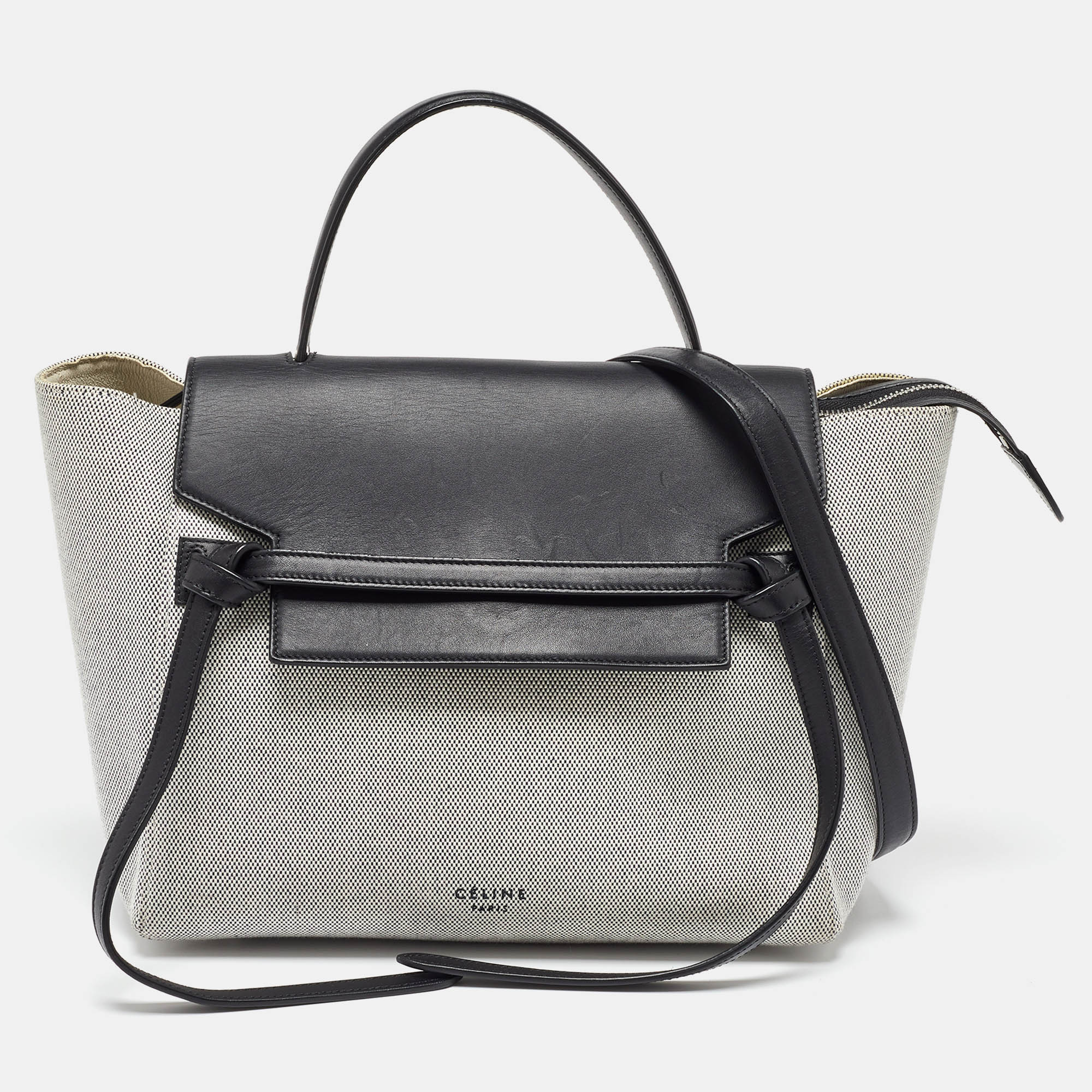 

Celine Black/Off White Leather and Canvas Mini Belt Top Handle Bag
