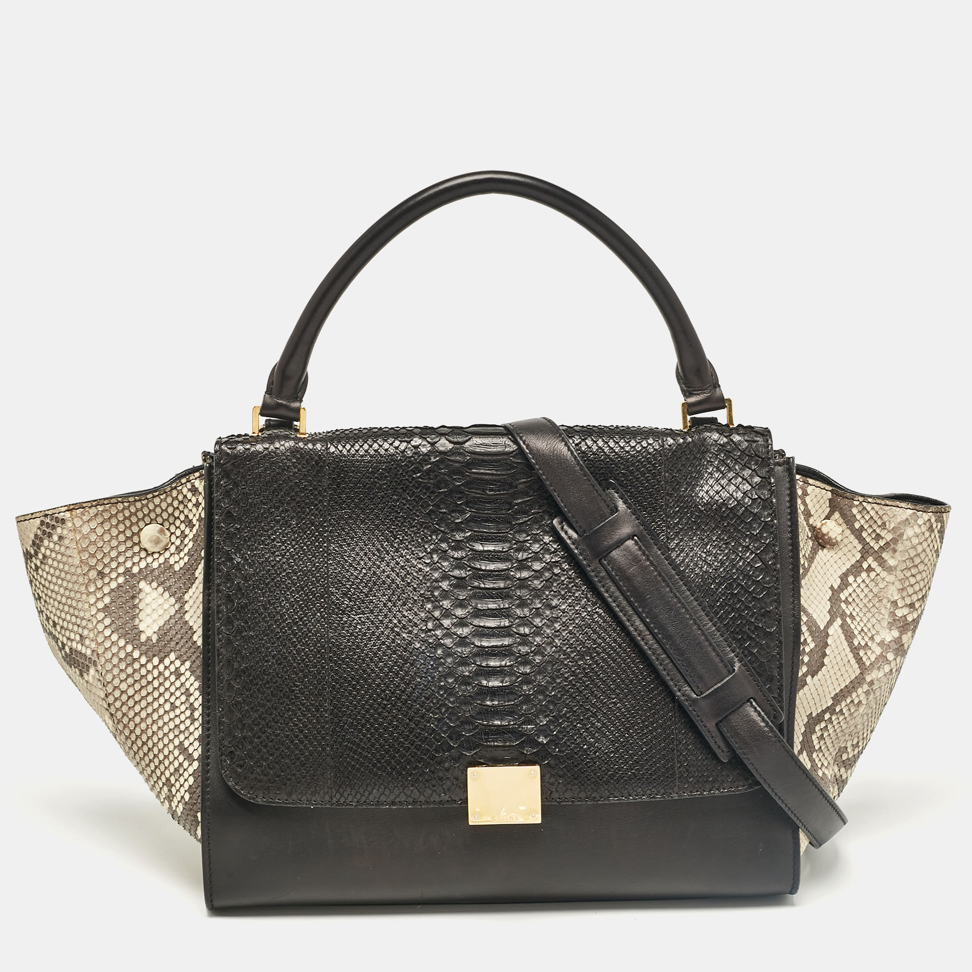 

Celine Black/Beige Python and Leather  Trapeze Top Handle Bag