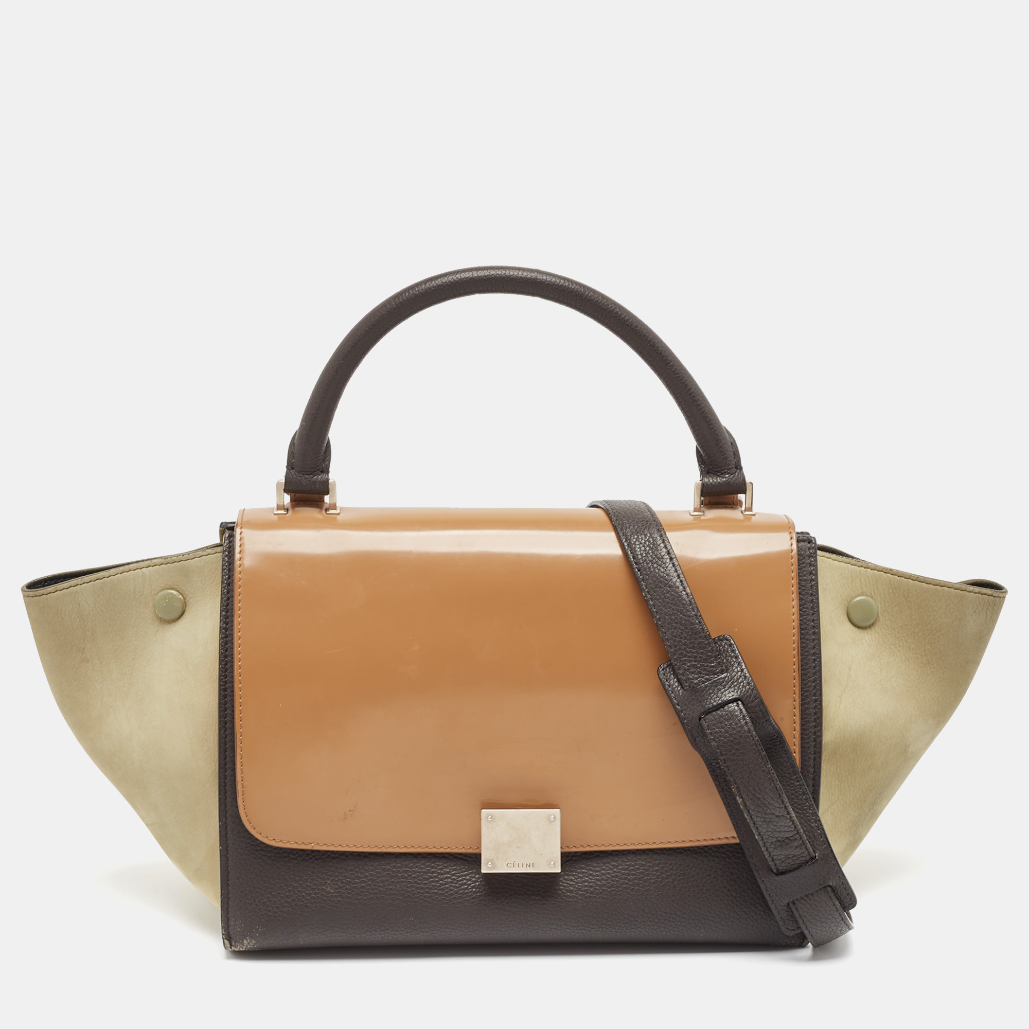 

Celine Multicolor Nubuck, Patent and Leather Small Trapeze Top Handle Bag