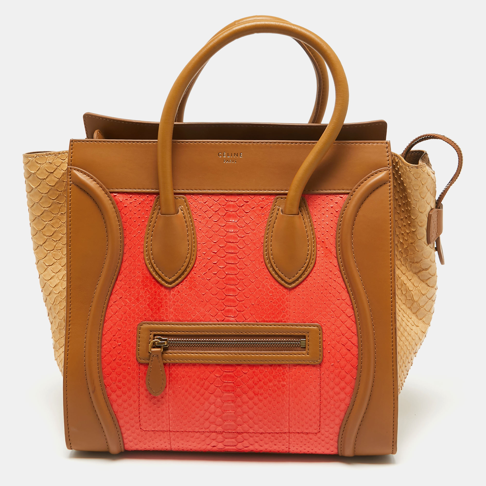 

Celine Brown/Coral Orange Python and Leather Mini Luggage Tote