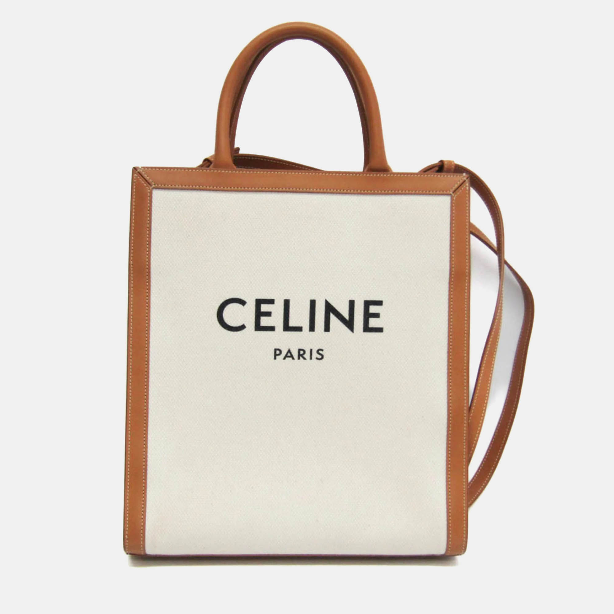 Pre-owned Celine Camel/off-white Leather And Canvas Vertical Cabas Tote Bag In Beige