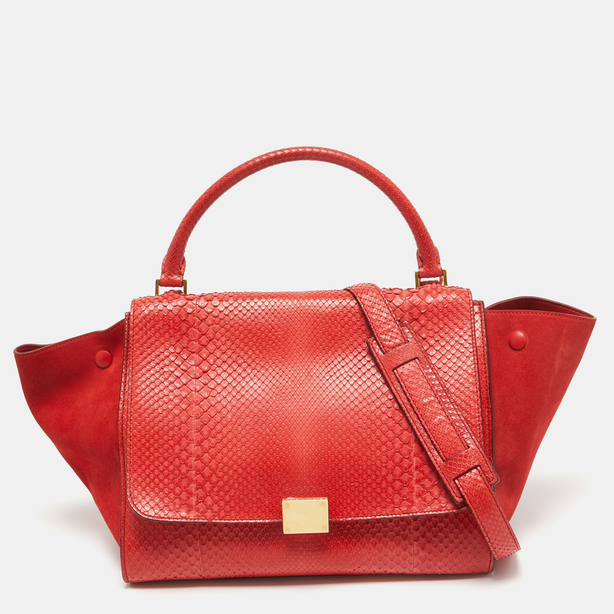 Pre-owned Celine Red Python And Suede Medium Trapeze Bag