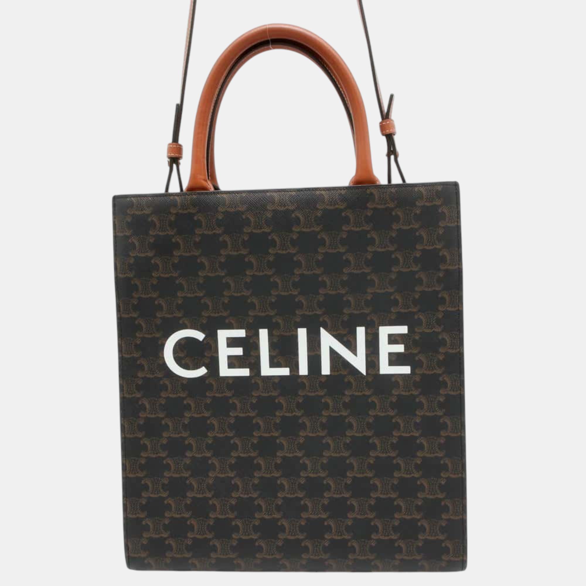 

Celine Tan Triomphe Canvas Leather Vertical Cabas Small bag, Brown