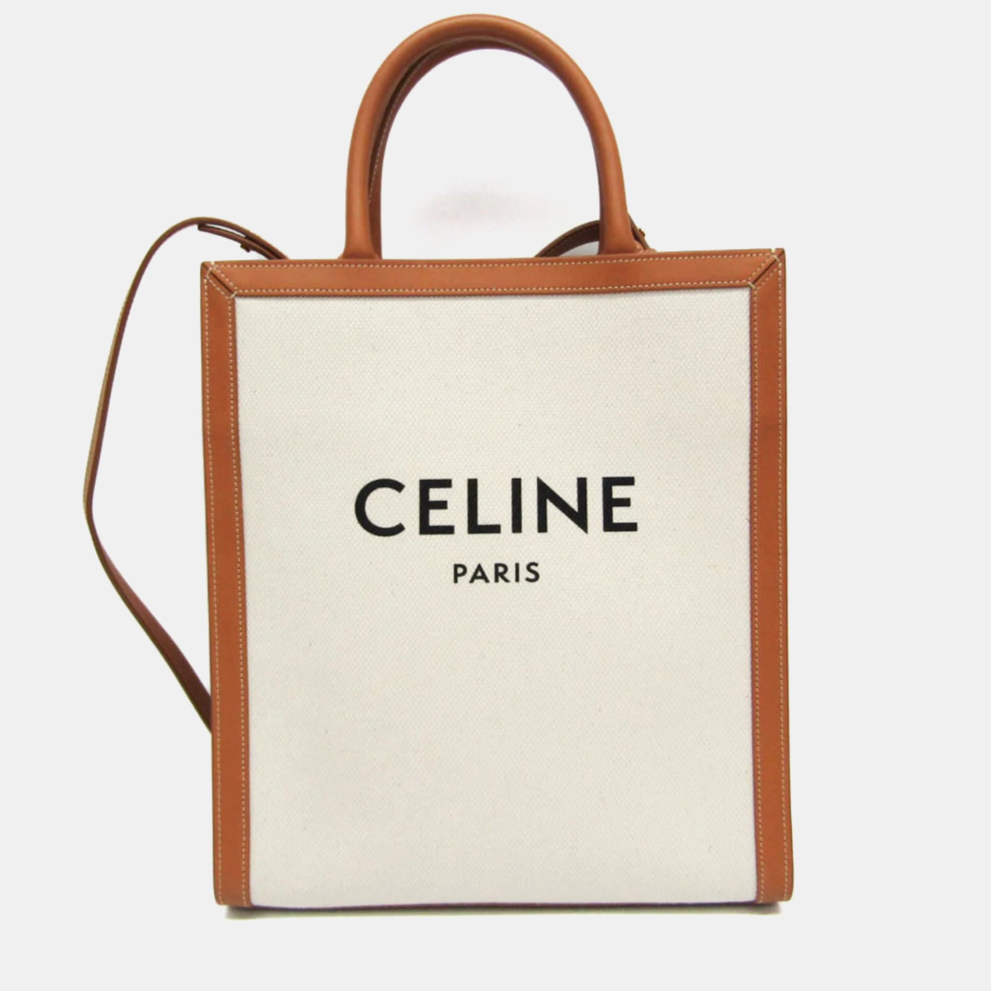 

Celine Camel Off-white Canvas Leather Small Vertical Cabas Tote Bag, Brown