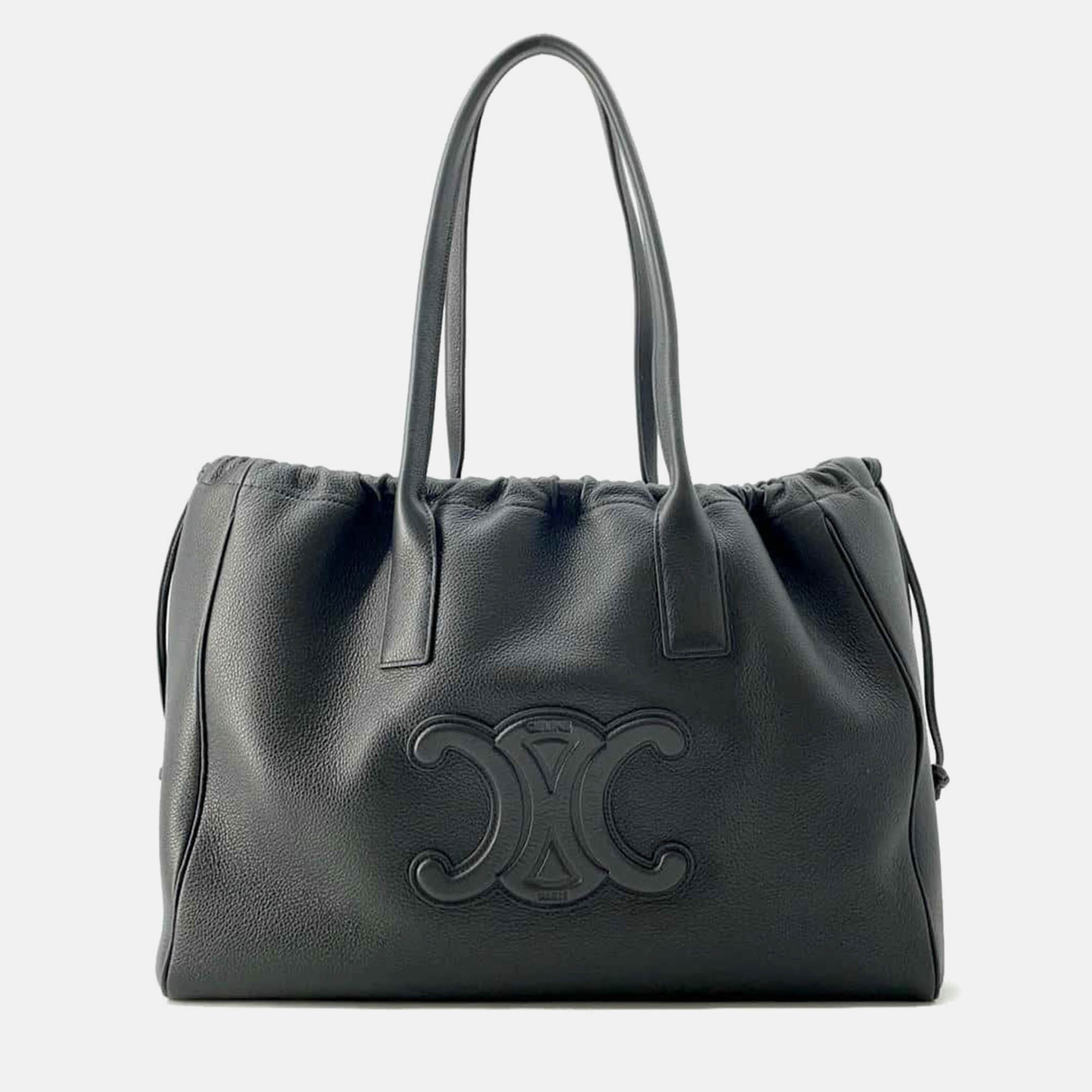 

Celine Black Calf Leather Cabas Drawstring Cuir Triomphe Tote Bag