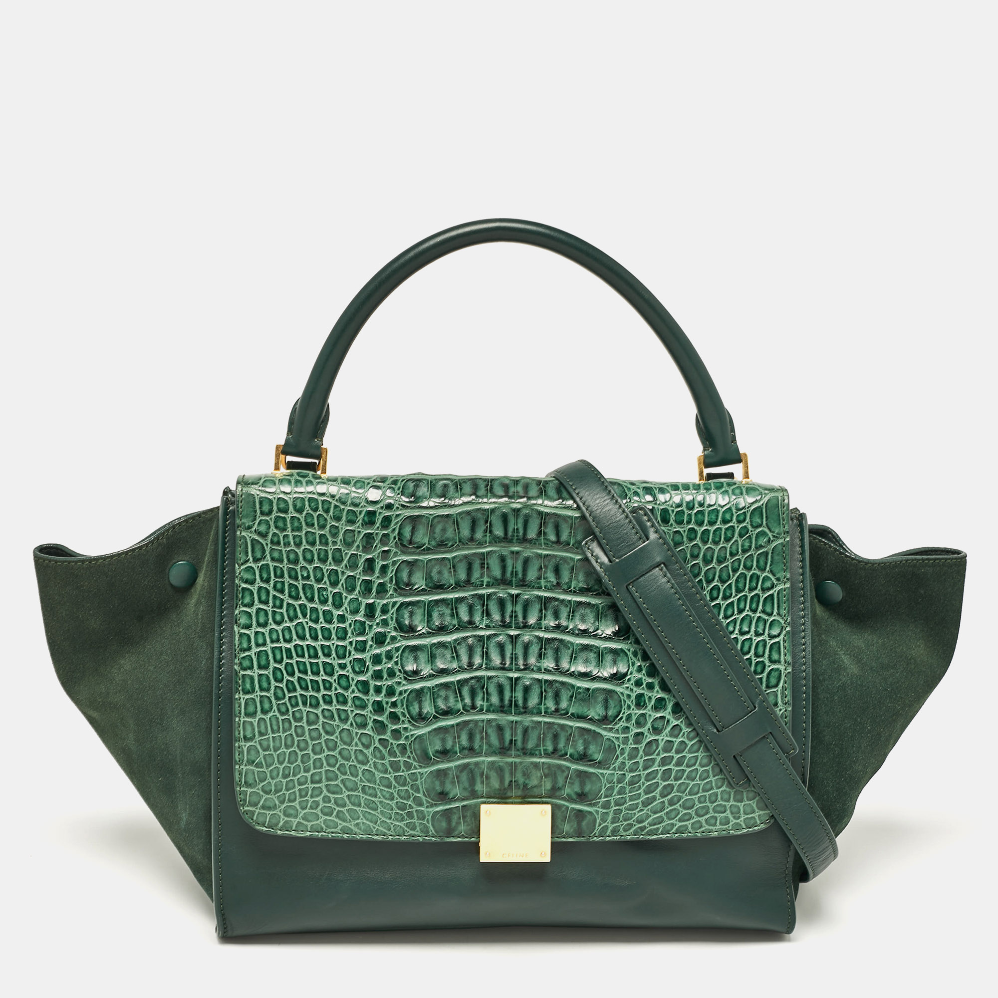 

Celine Dark Green Leather and Crocodile Horn Back  Top Handle Bag