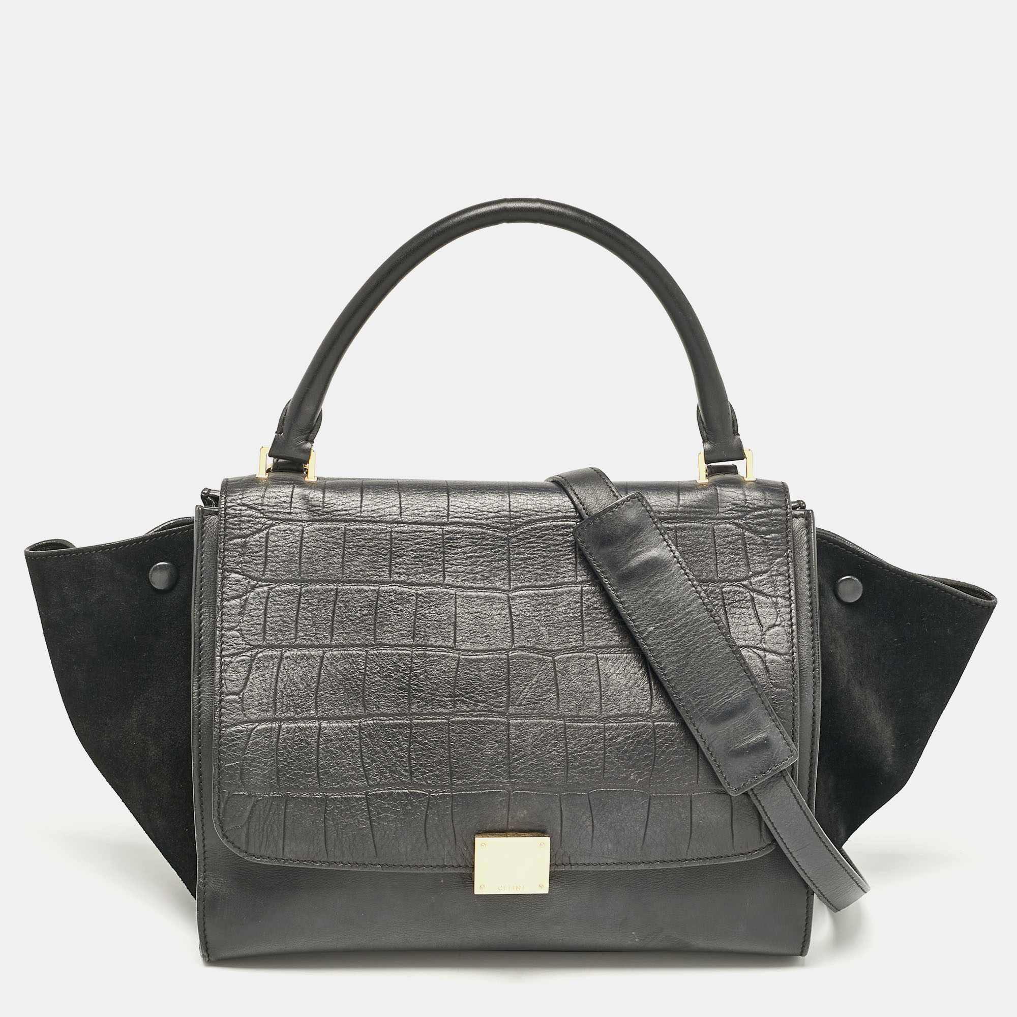 

Celine Black Croc Embossed Leather and Suede  Trapeze Top Handle Bag