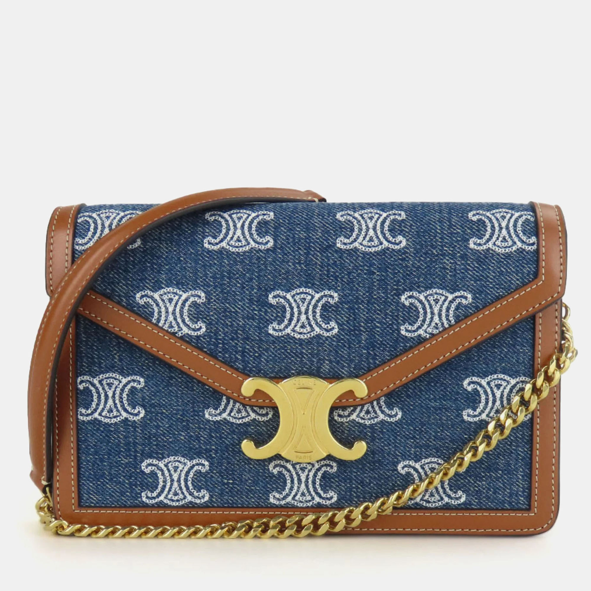 

Celine Denim Leather Navy Tan Margot Triomphe Chain Wallet bag, Navy blue