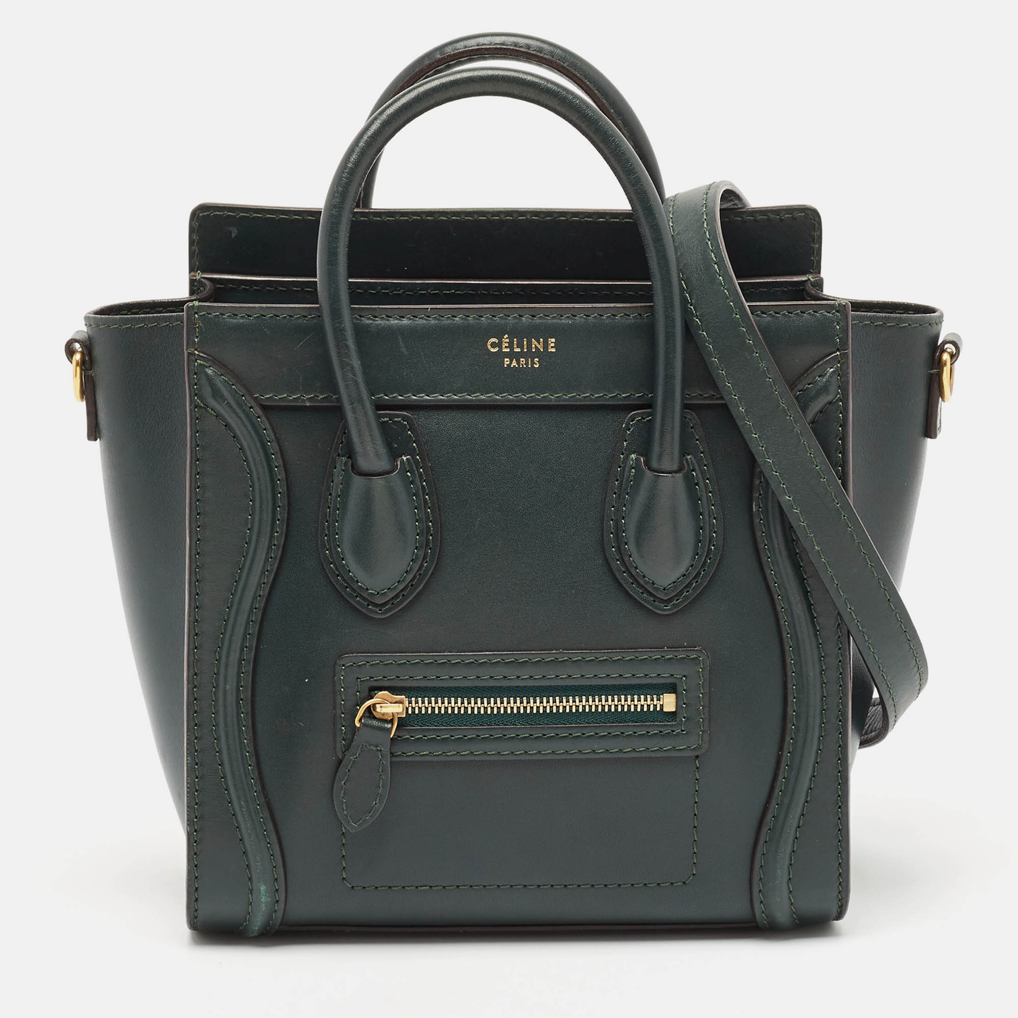 

Celine Dark Green Leather Nano Luggage Tote