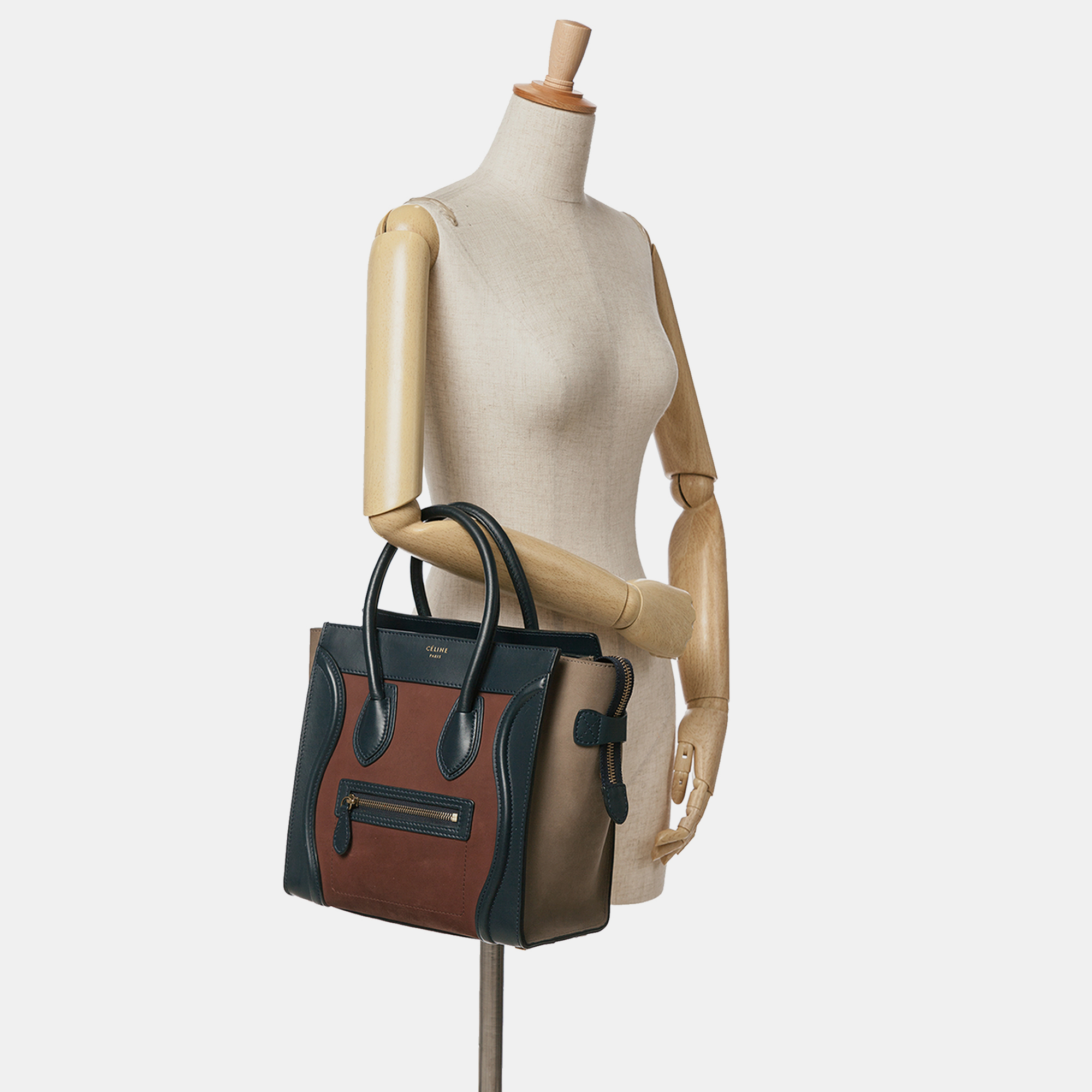 Celine Black Brown Micro Suede Tricolor Luggage Tote 
