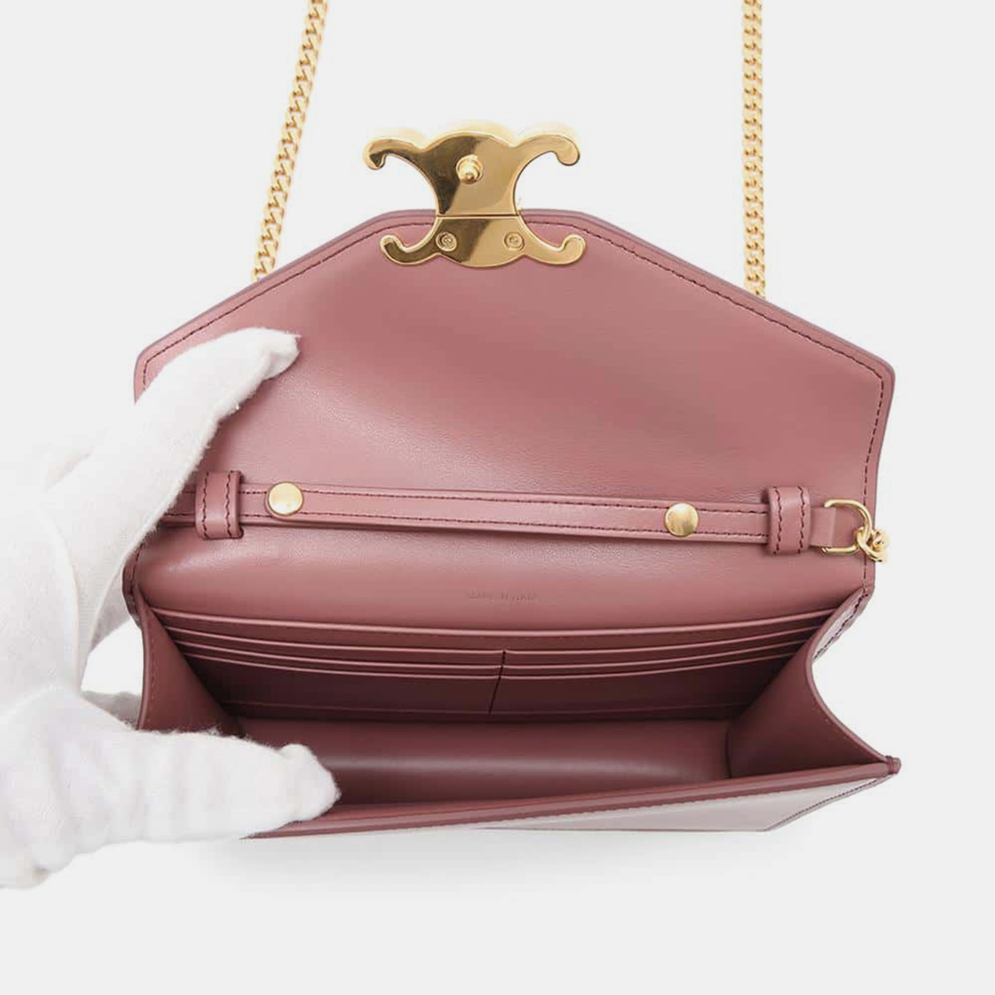Celine Vintage Rose Shiny Calf Leather Triomphe Chain Shoulder Bag 