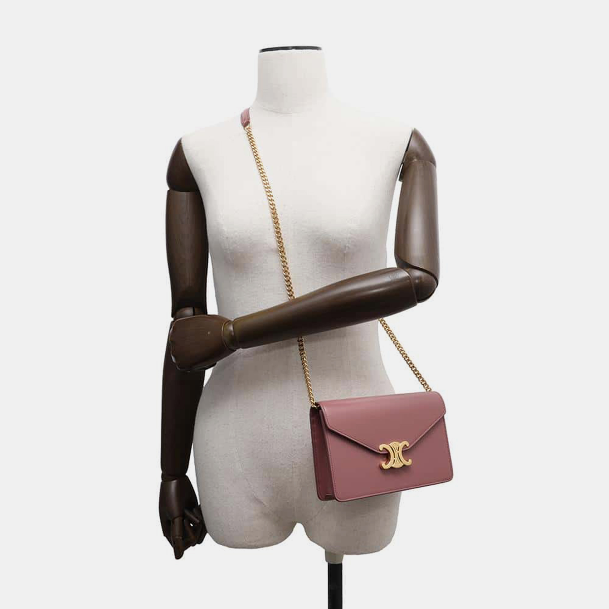Celine Vintage Rose Shiny Calf Leather Triomphe Chain Shoulder Bag 