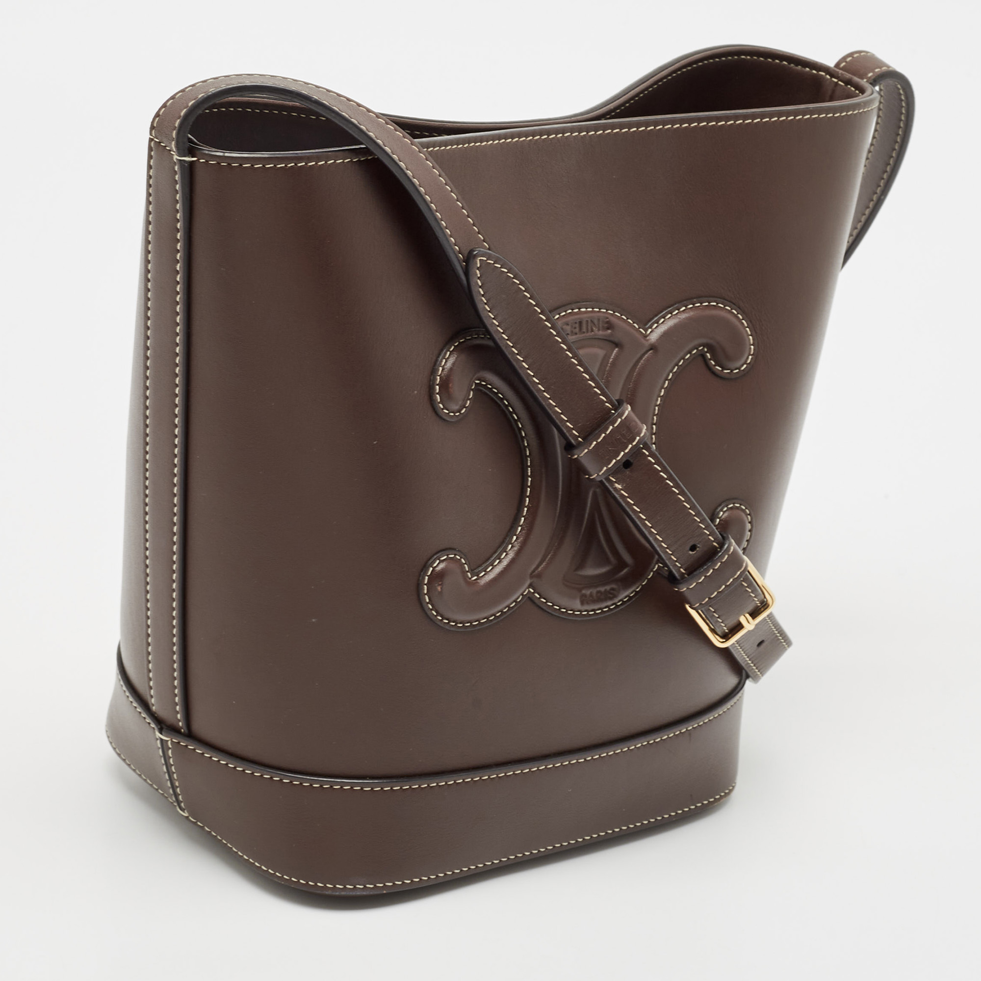 Celine Dark Brown Leather Small Triomphe Bucket Bag 
