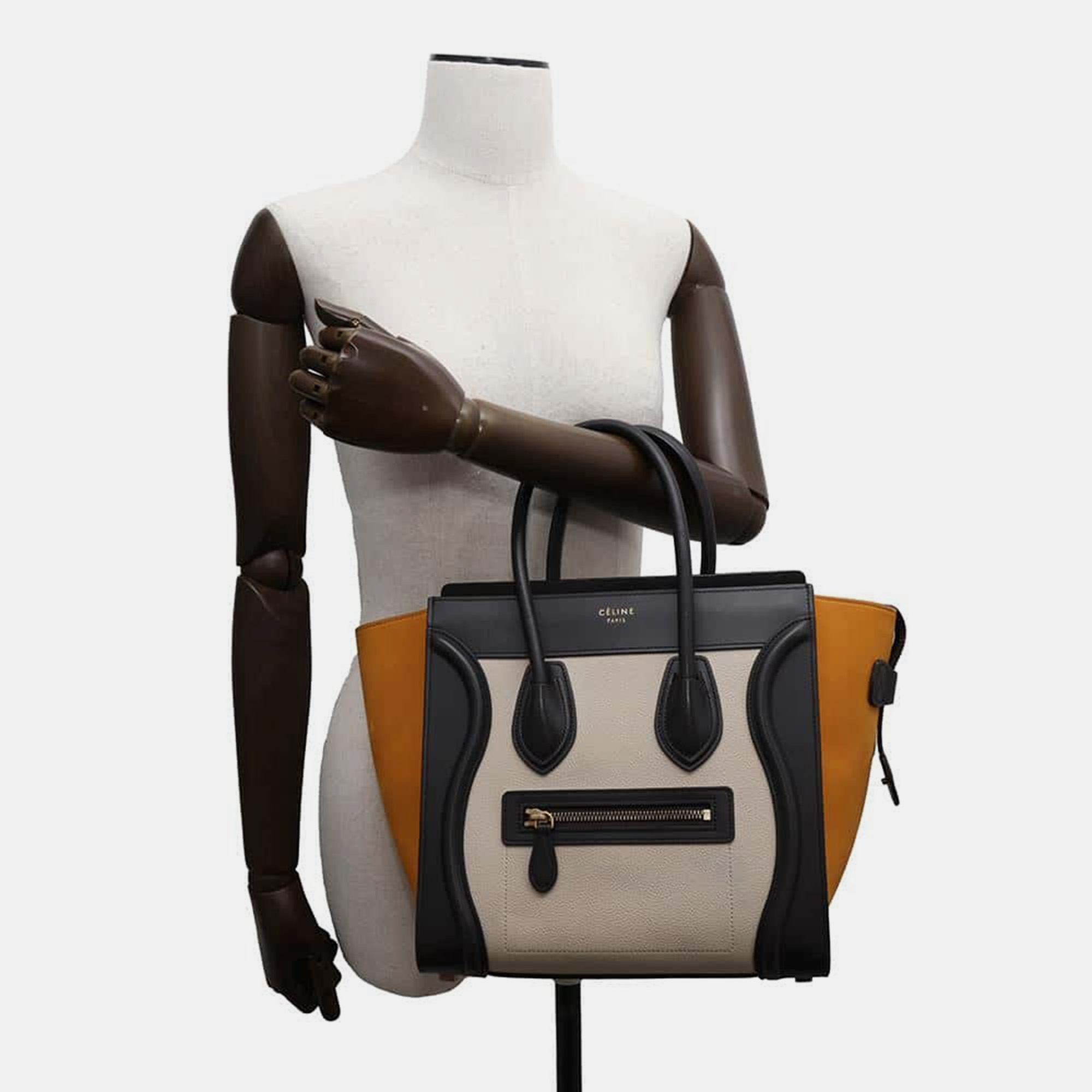 Celine Black/White/Yellow Luggage Shopper Leather Suede Bag 