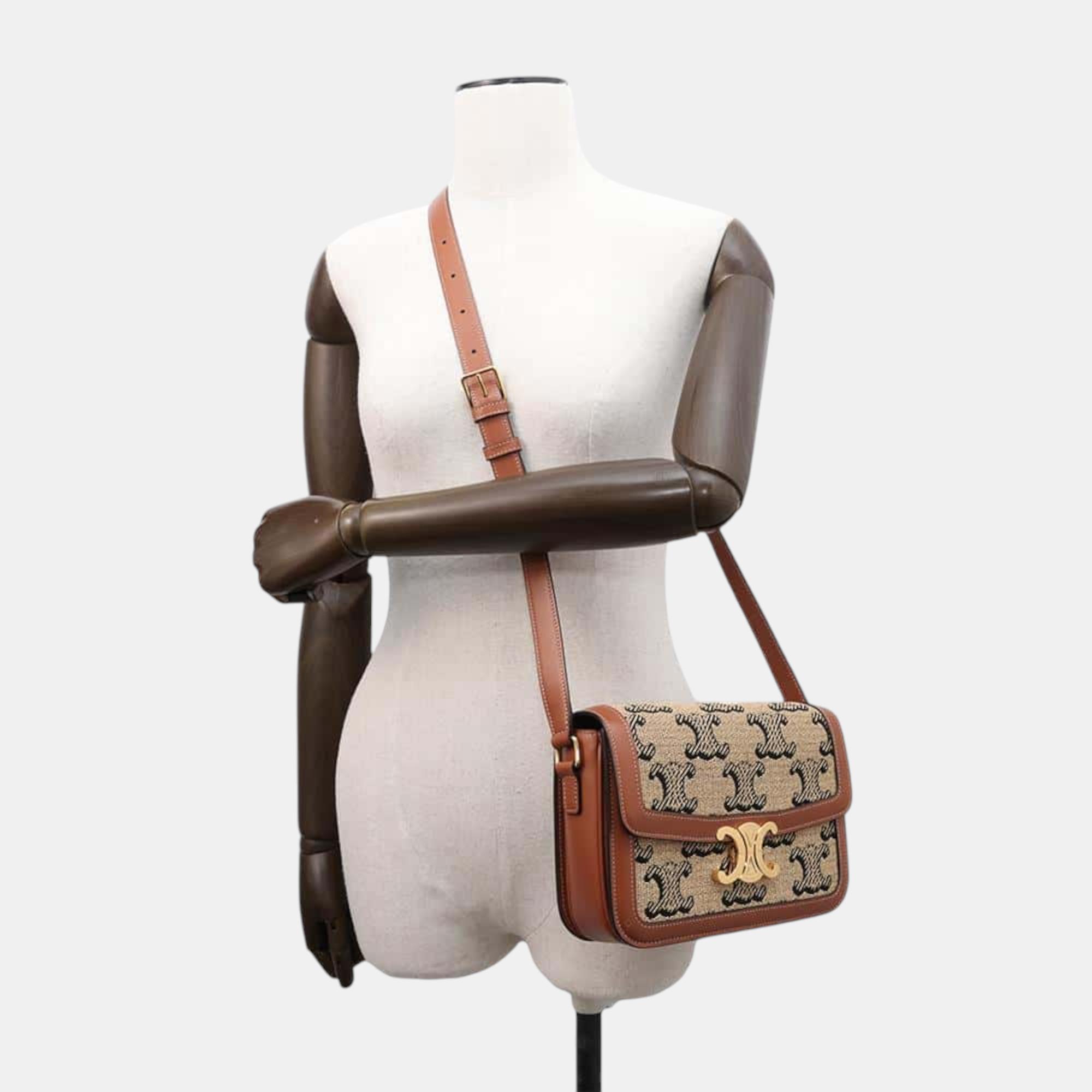 Celine Beige Brown Raffia Leather Classic Triomphe Shoulder Bag 