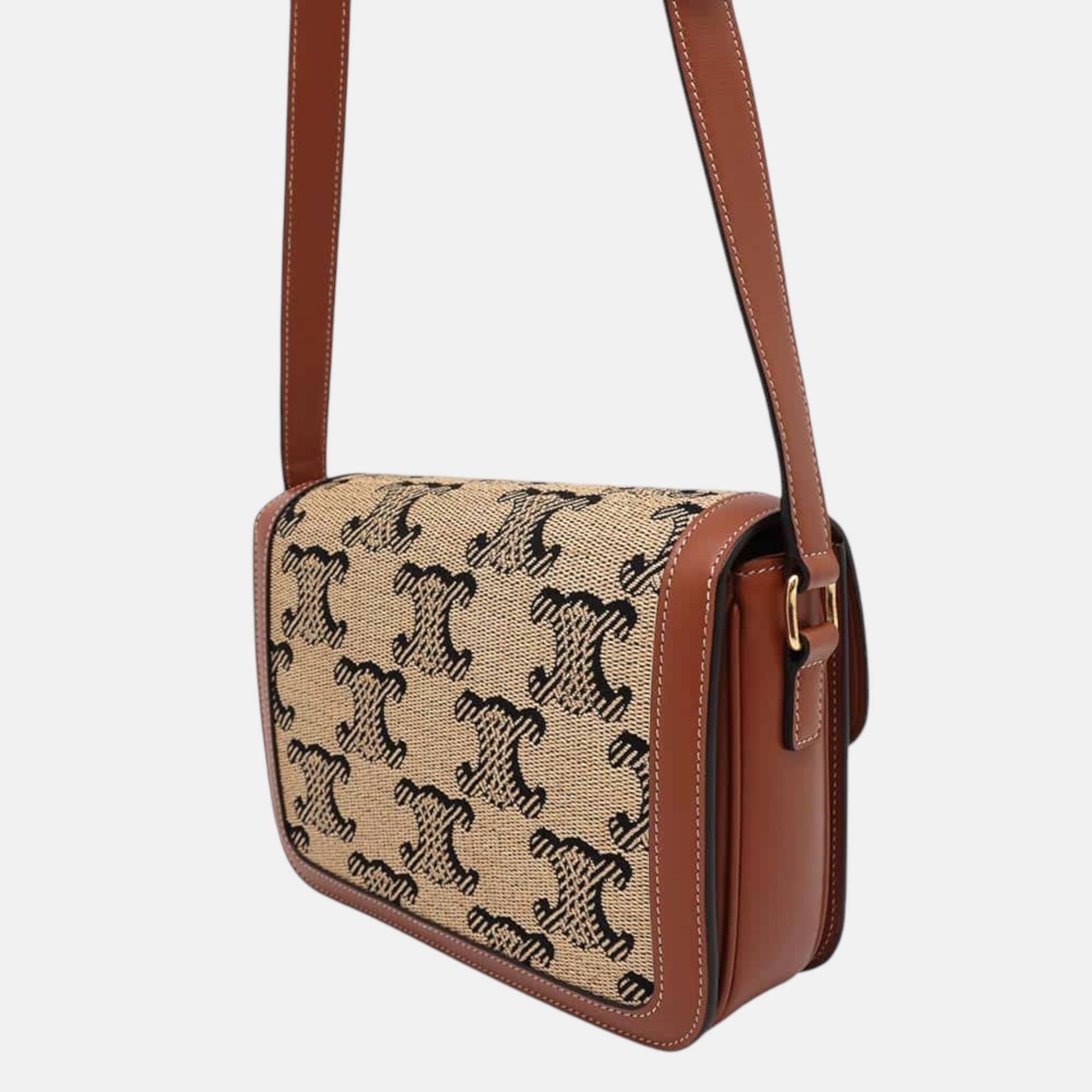 Celine Beige Brown Raffia Leather Classic Triomphe Shoulder Bag 