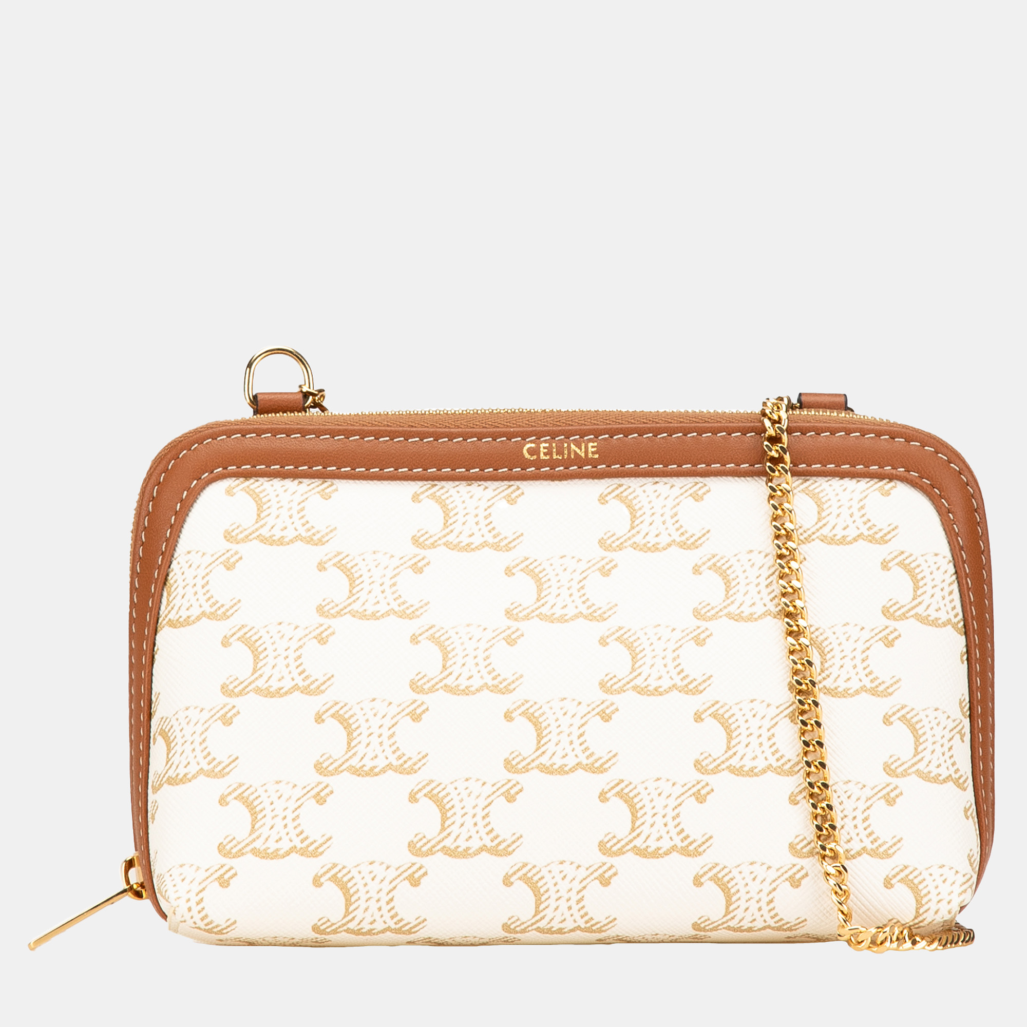 

Celine Brown White Coated Canvas Triomphe Clutch On Chain