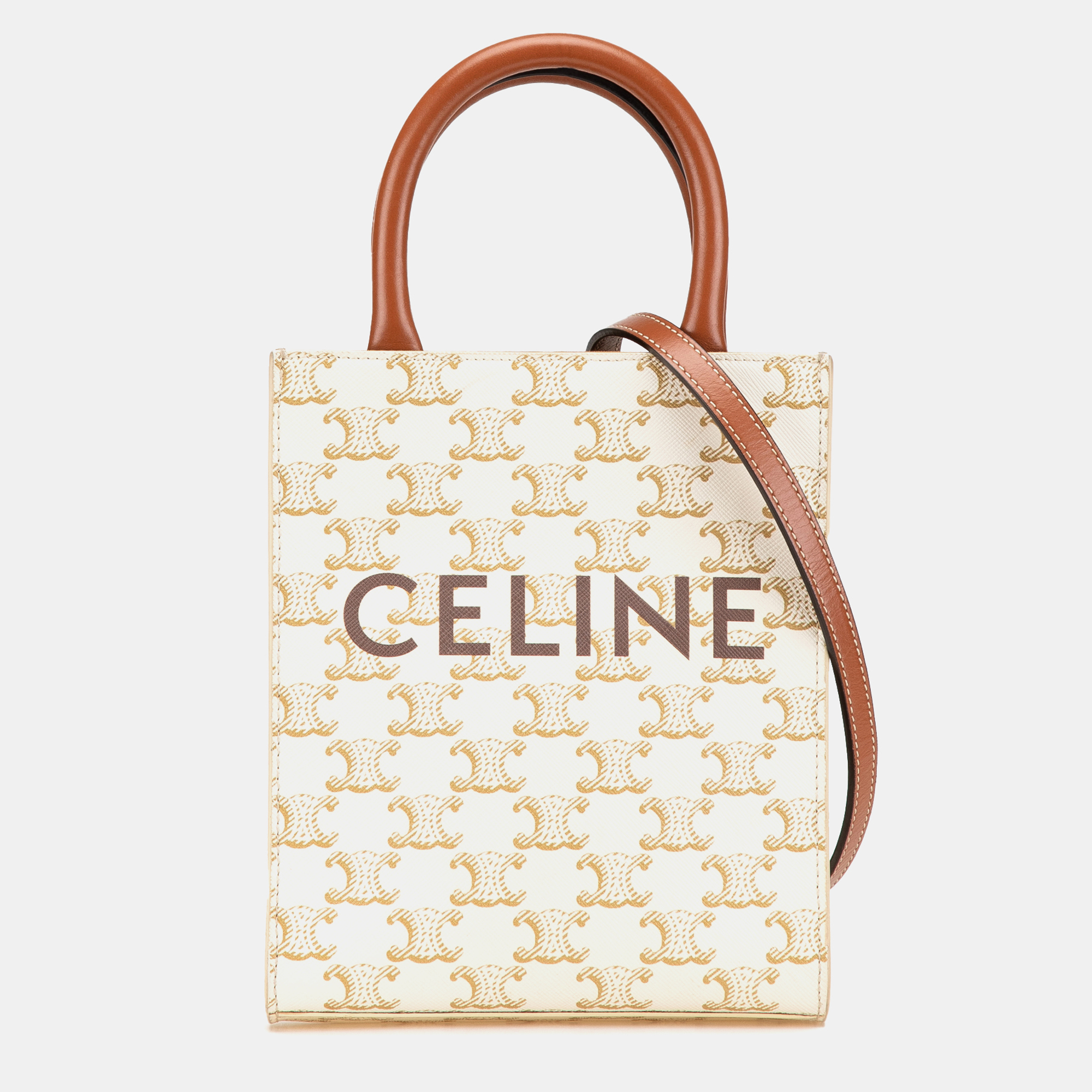 

Celine Beige White Mini Triomphe Coated Canvas Vertical Cabas Satchel