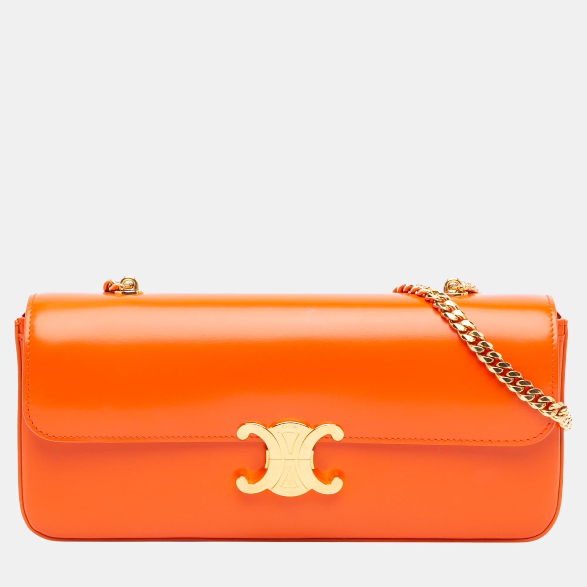 

Celine Orange Triomphe Calfskin Cuir Chain Shoulder Bag