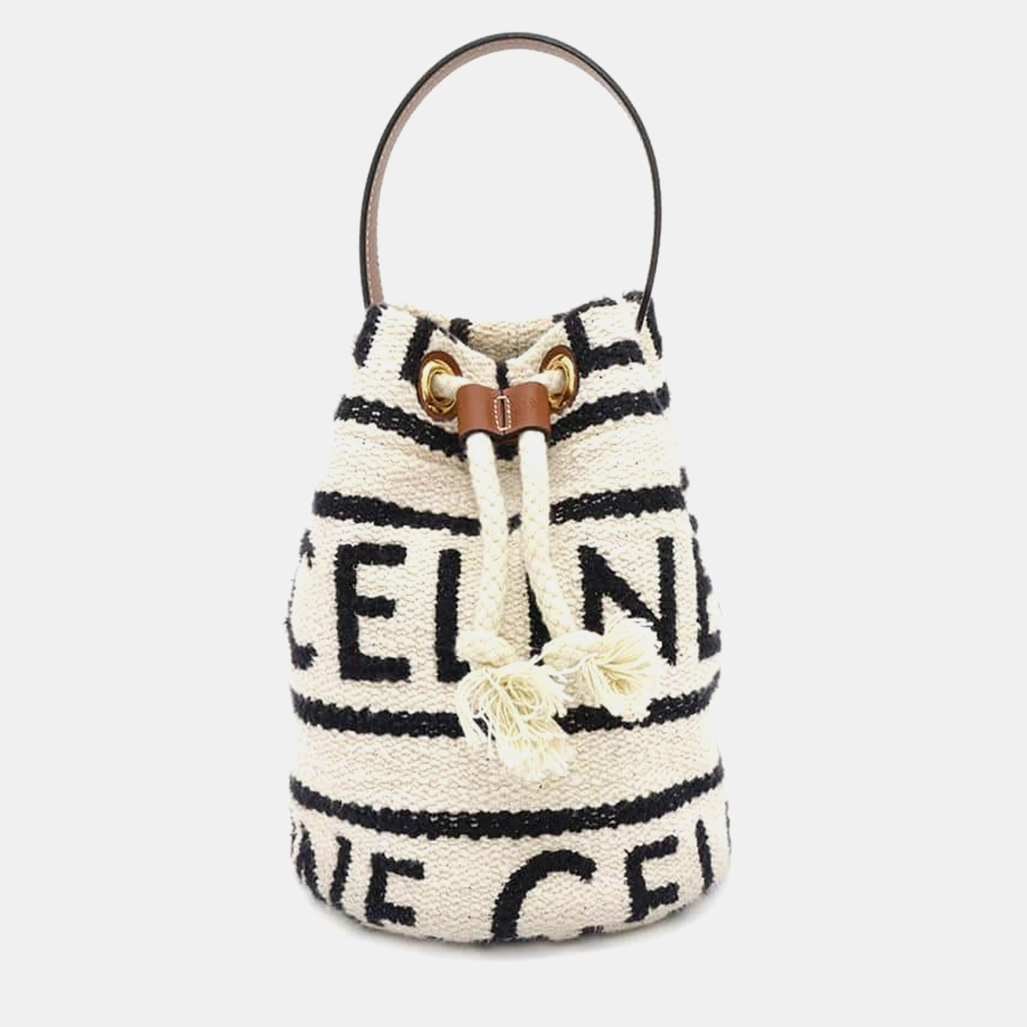 

Celine Teen Drawstring Handbag White/Black/Brown Cotton Calf Leather