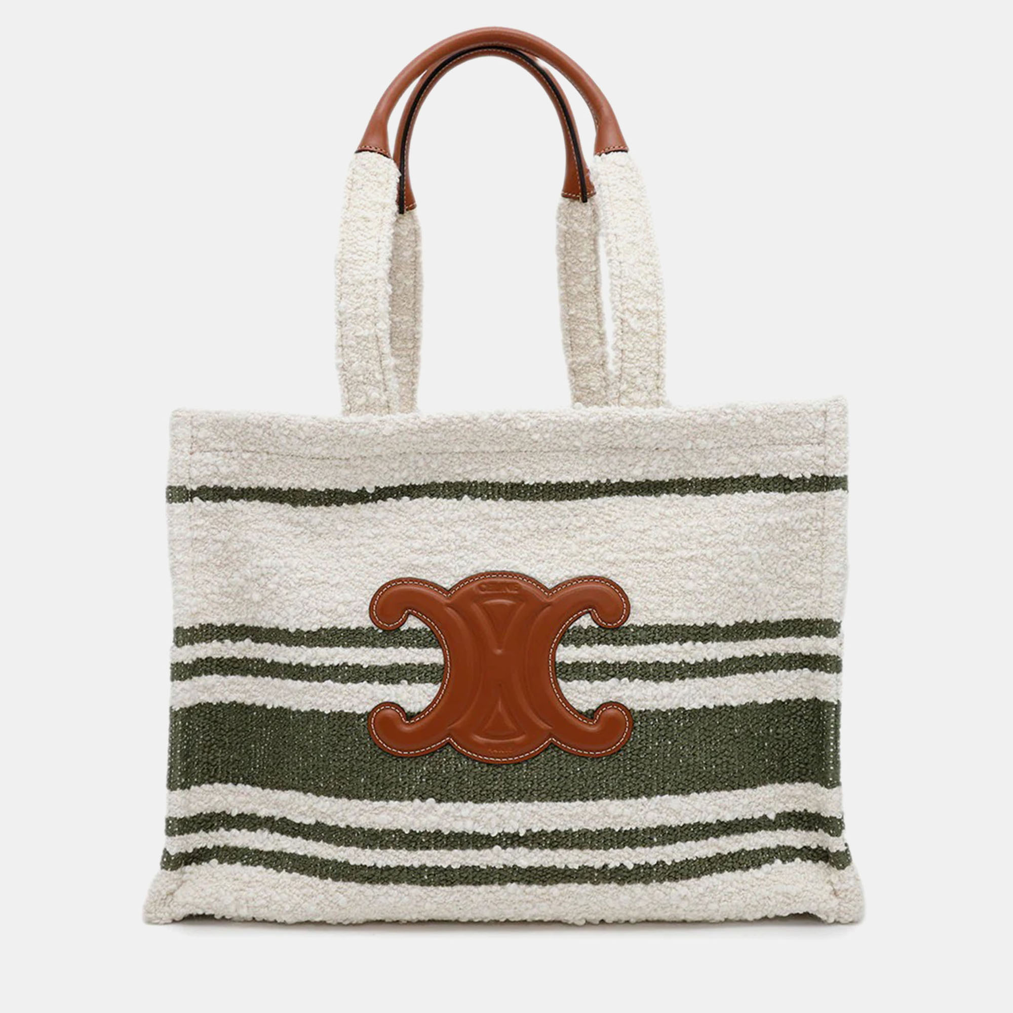 

Celine Triomphe Large Cabas Thais Tote Bag White/Green Canvas Leather Size Large