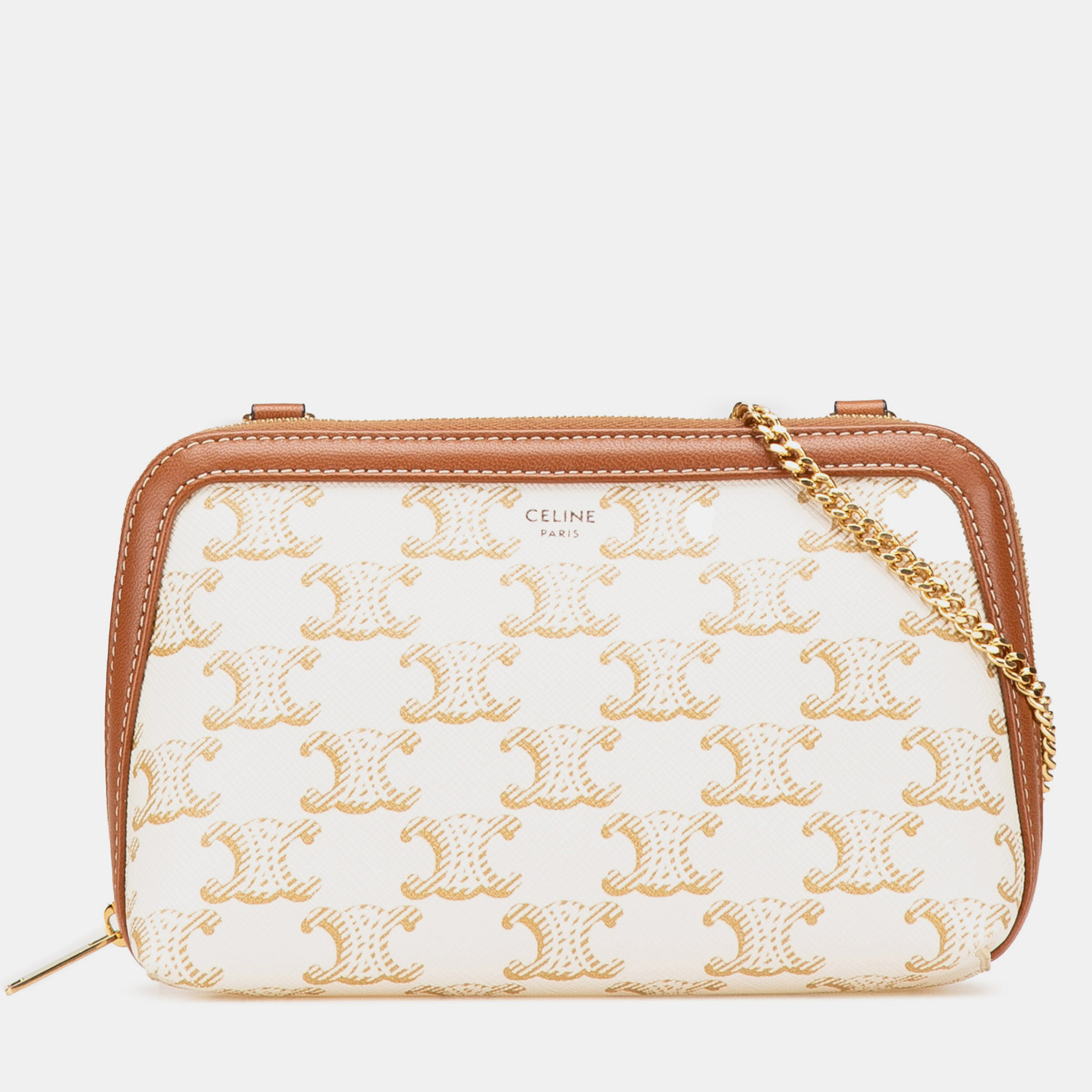 Pre-owned Celine White Triomphe Coated Canvas Clutch On Chain