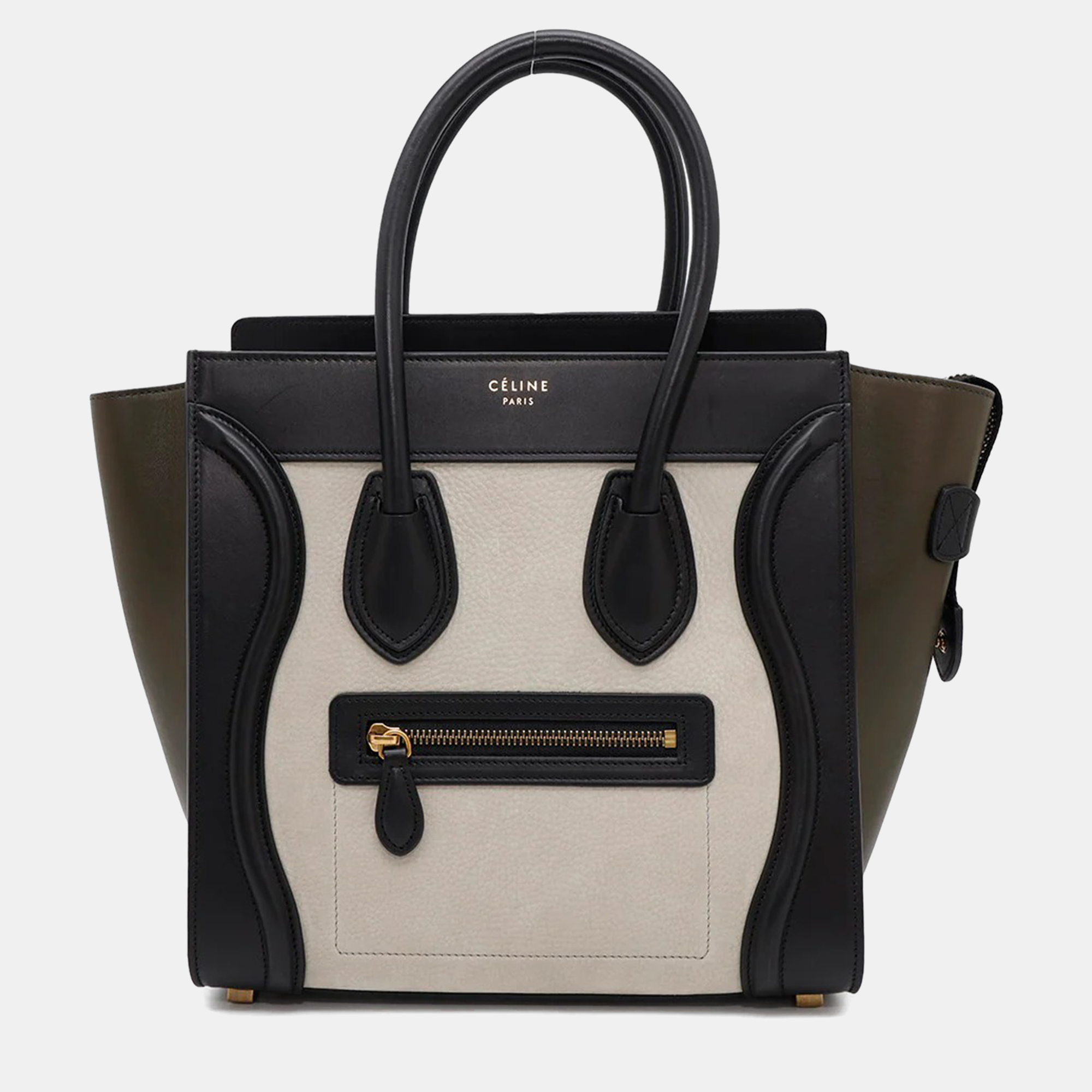 

Celine Luggage Micro Bullhide Calfskin Nubuck Tri-Color White Khaki Tote Bag, Black
