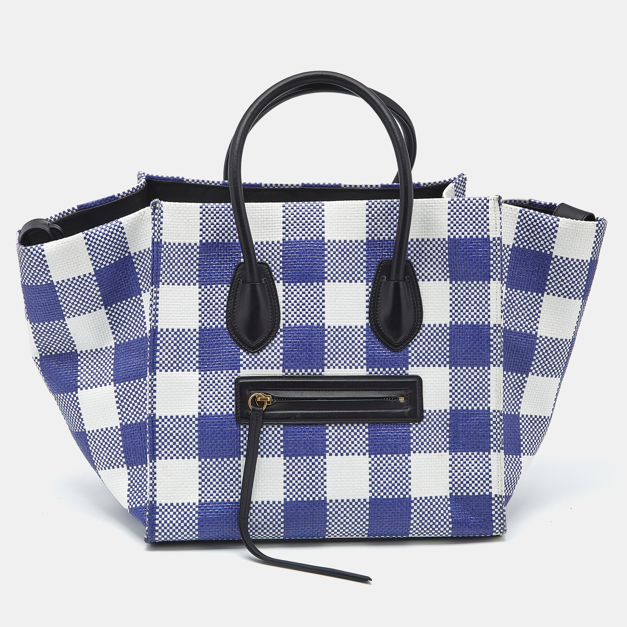 

Celine Blue/White Gingham Woven Straw  Phantom Luggage Tote