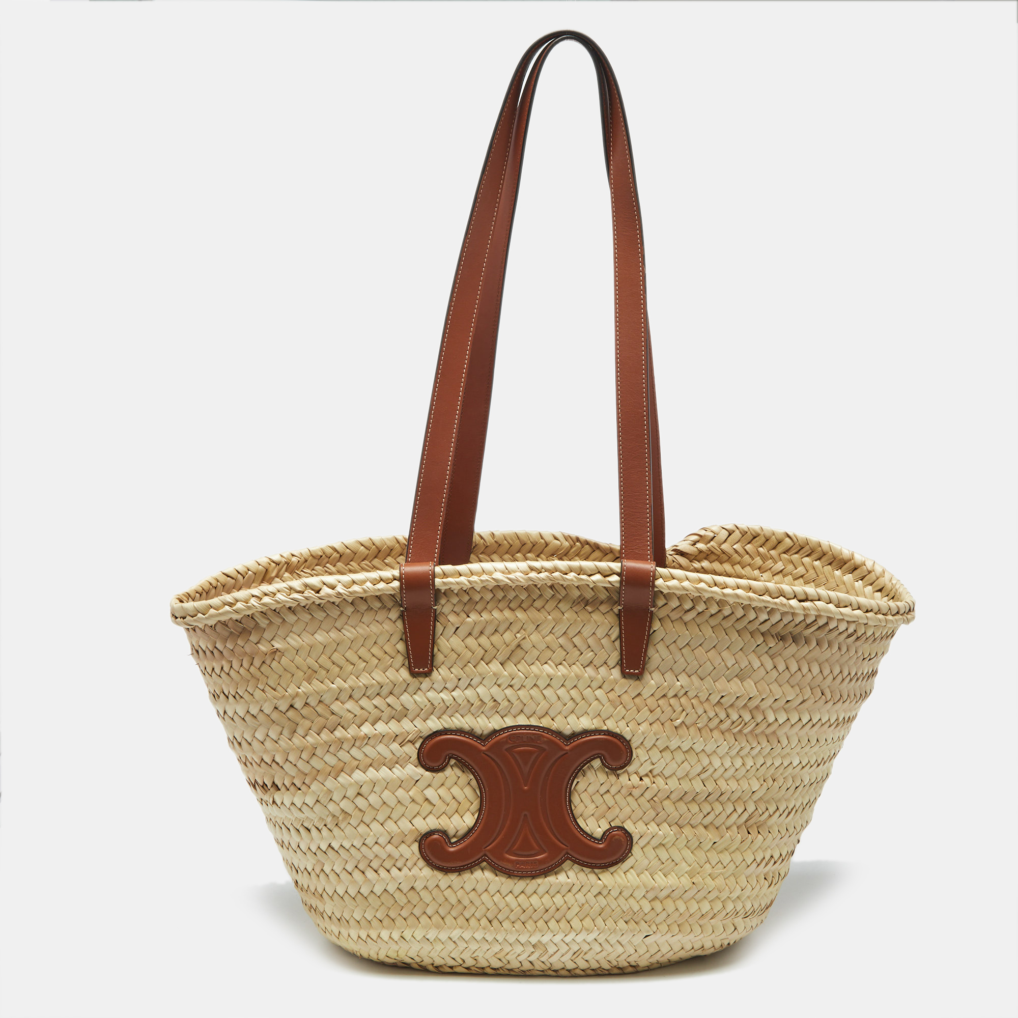 

Celine Beige/Brown Woven Raffia and Leather Large Triomphe Panier Bag