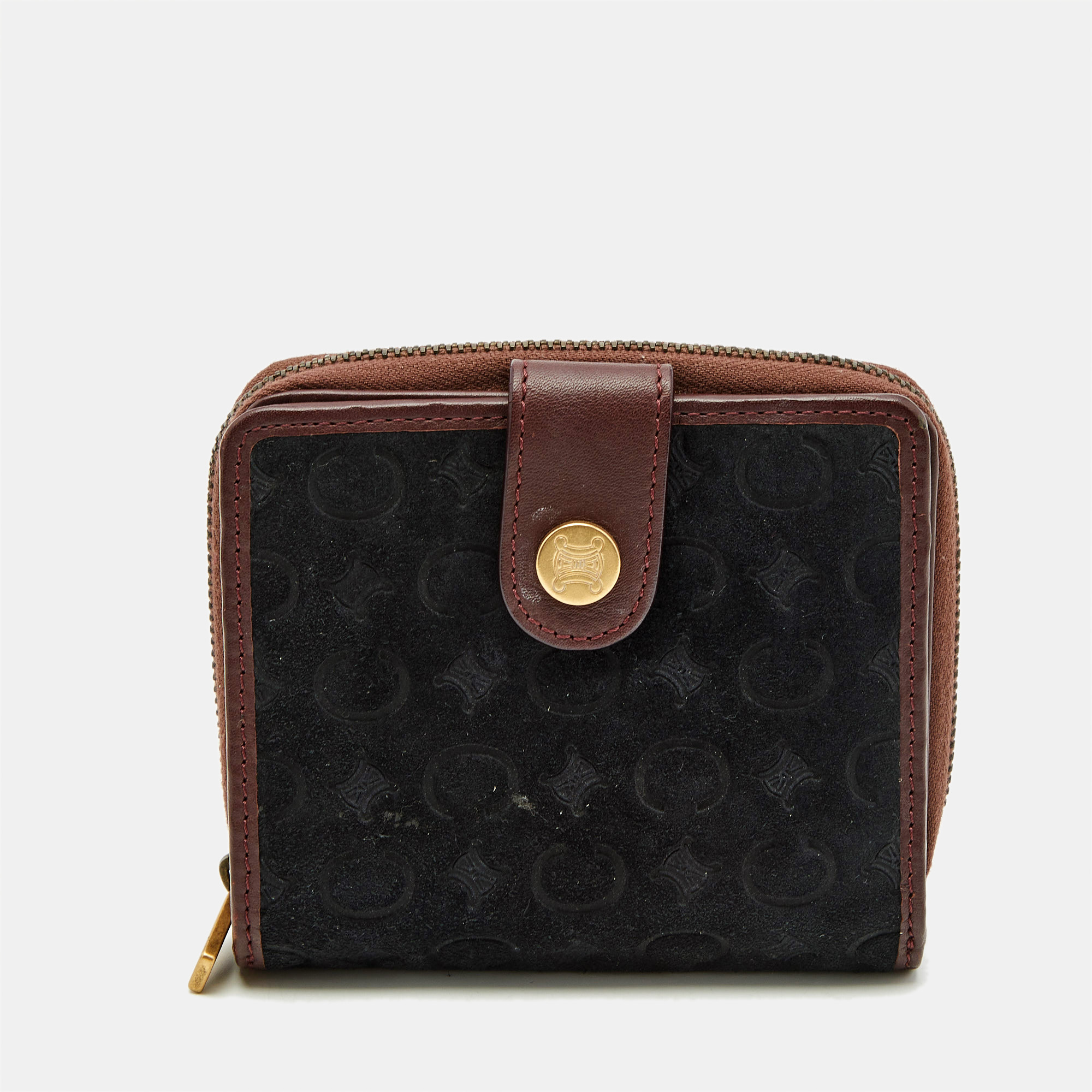 Pre-owned Celine Black/burgundy Macadam Suede And Leather Zip Around Compact Wallet In Blue