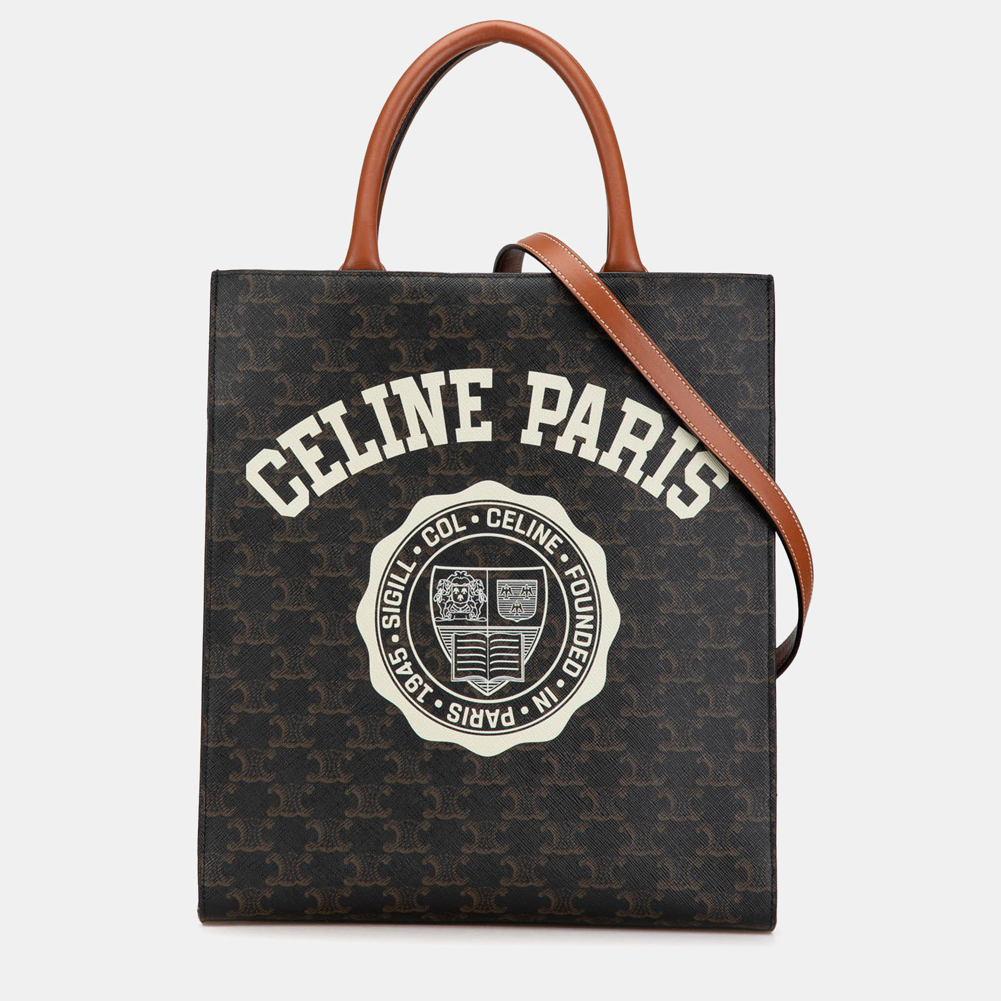 Pre-owned Celine Brown Small Paris Print Triomphe Coated Canvas Vertical Cabas