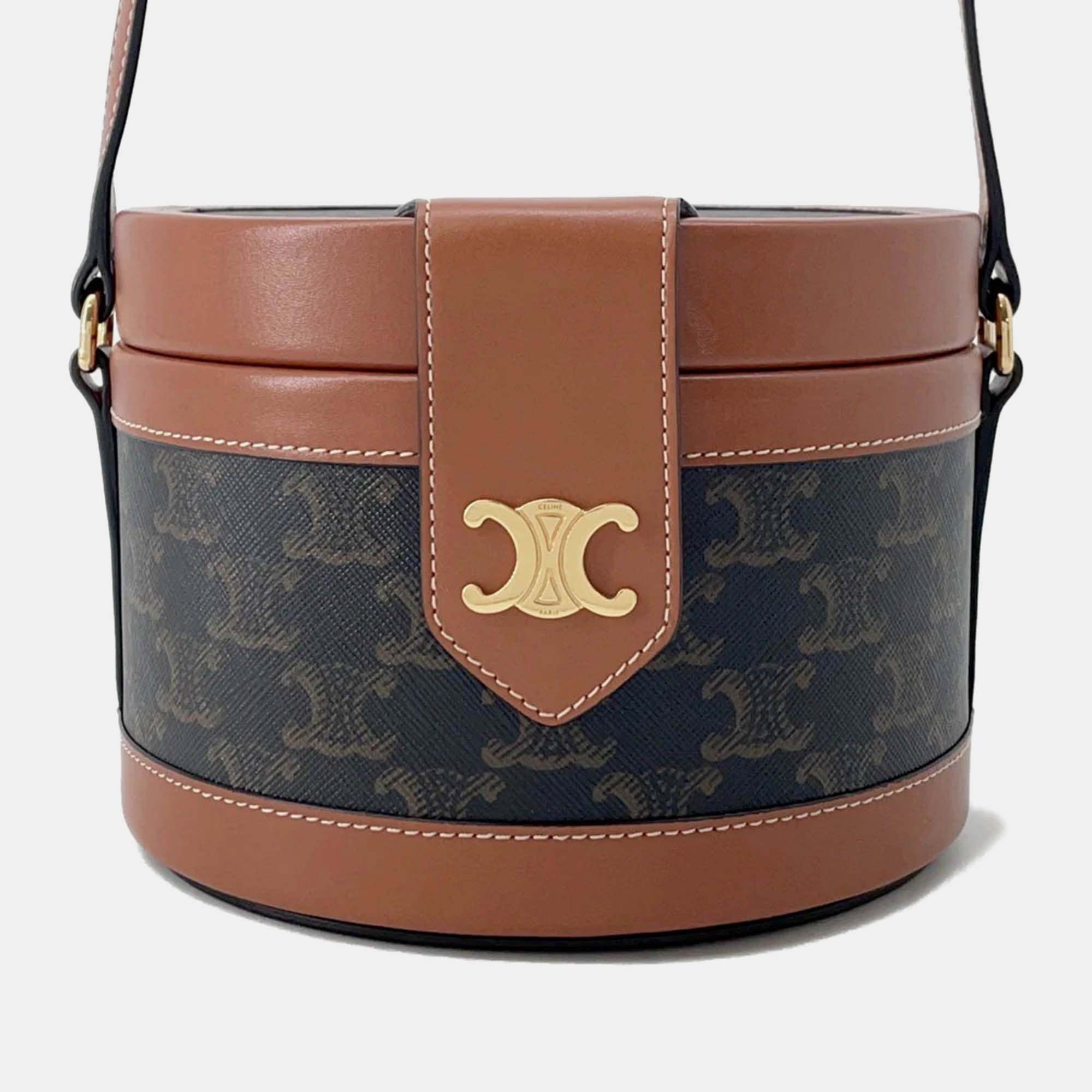 Pre-owned Celine Tambour Triomphe Medium Tan Canvas Leather Shoulder Bag In Brown